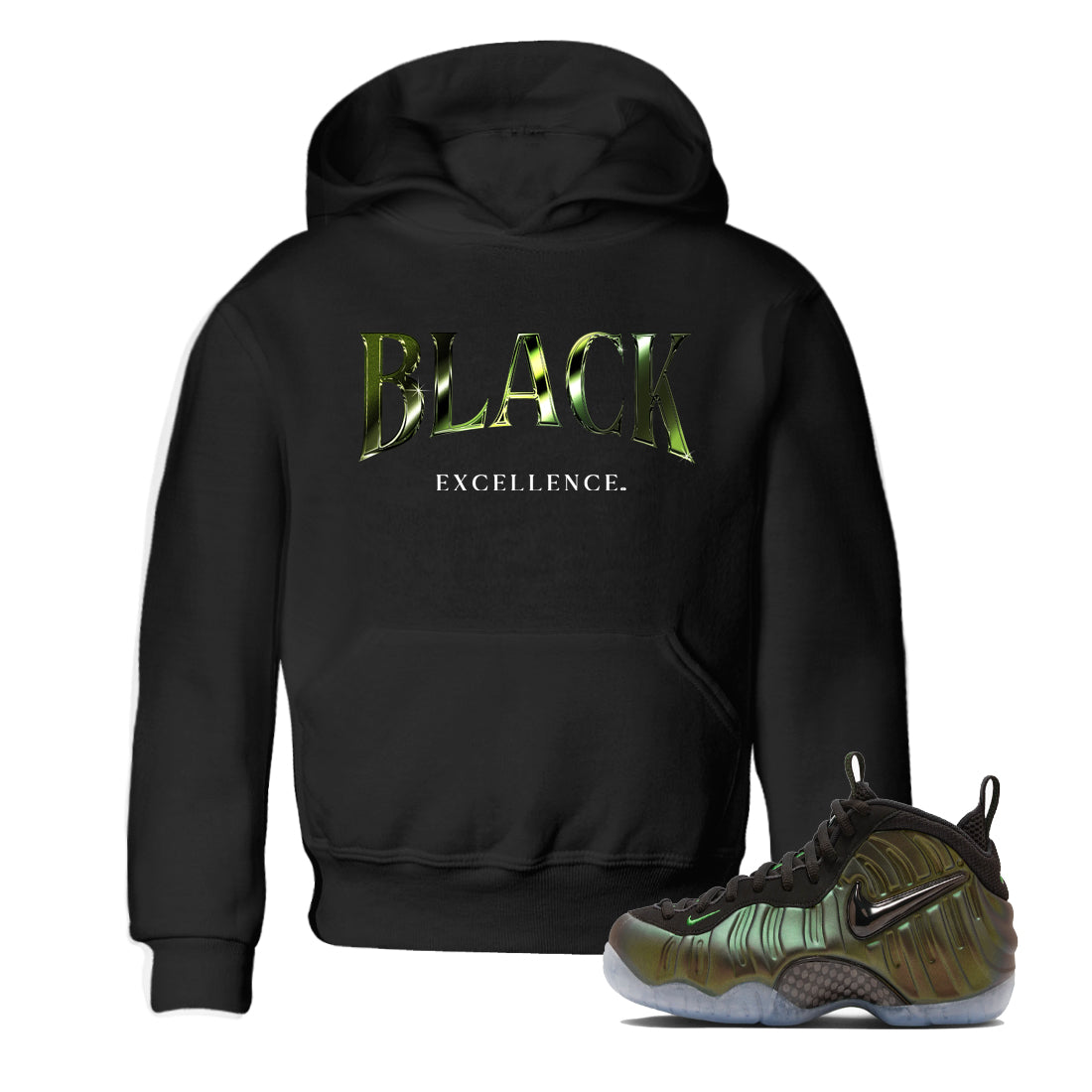 Best Christmas gifts for sneakerheads - Sneaker Tees To Match Air Foamposite One Pine Green Sneakers – Black Excellence Kids T-Shirt Black 1