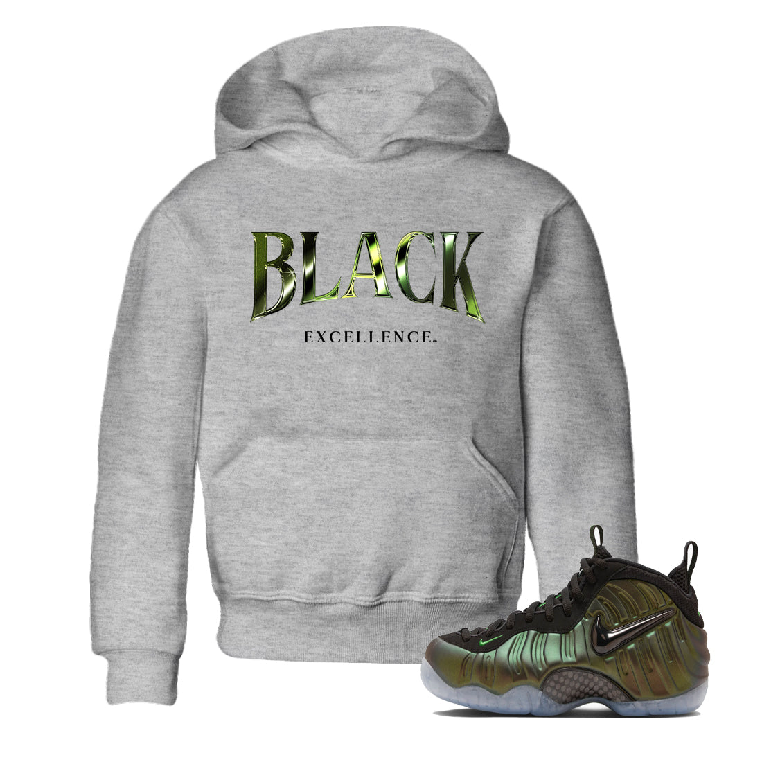 Best Christmas gifts for sneakerheads - Sneaker Tees To Match Air Foamposite One Pine Green Sneakers – Black Excellence Kids T-Shirt Heather Grey 1