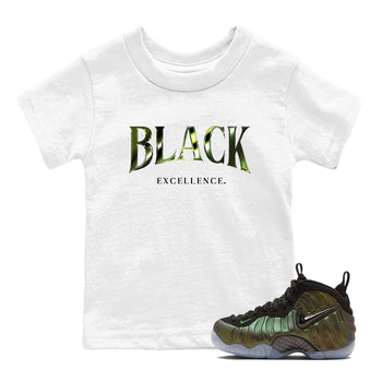 Best Christmas gifts for sneakerheads - Sneaker Tees To Match Air Foamposite One Pine Green Sneakers – Black Excellence Kids T-Shirt White 1