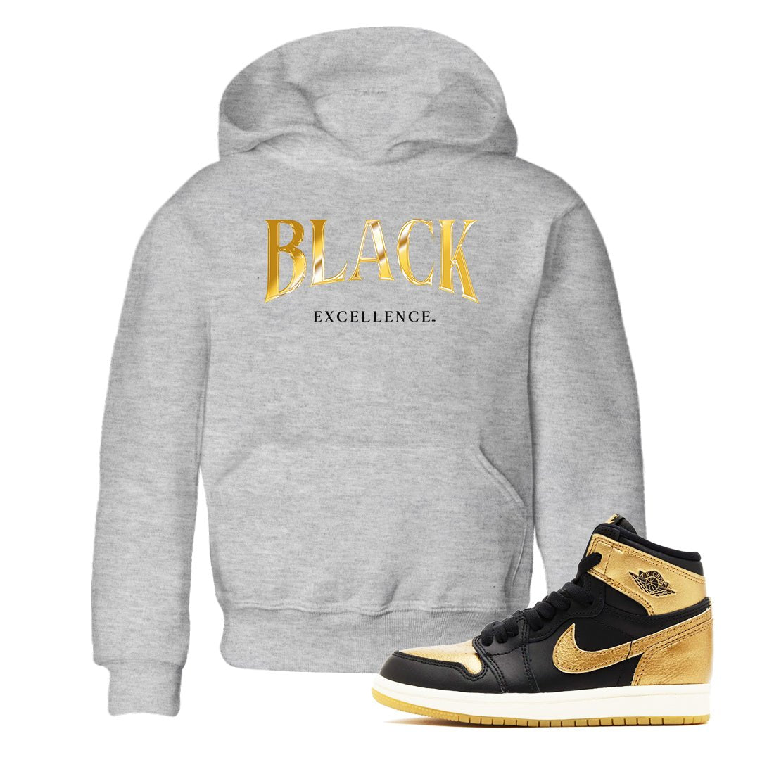 1s Black Metallic Gold shirts to match jordans Black Excellence sneaker match tees Air Jordan 1 Black Metallic Gold SNRT Sneaker Release Tees Youth Baby Heather Grey 1 crew neck shirts