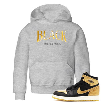 1s Black Metallic Gold shirts to match jordans Black Excellence sneaker match tees Air Jordan 1 Black Metallic Gold SNRT Sneaker Release Tees Youth Baby Heather Grey 1 crew neck shirts