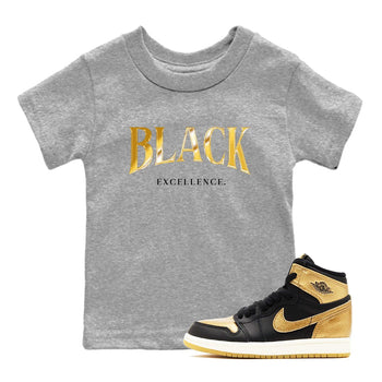 1s Black Metallic Gold shirts to match jordans Black Excellence sneaker match tees Air Jordan 1 Black Metallic Gold SNRT Sneaker Release Tees Youth Baby Heather Grey 1 crew neck shirts