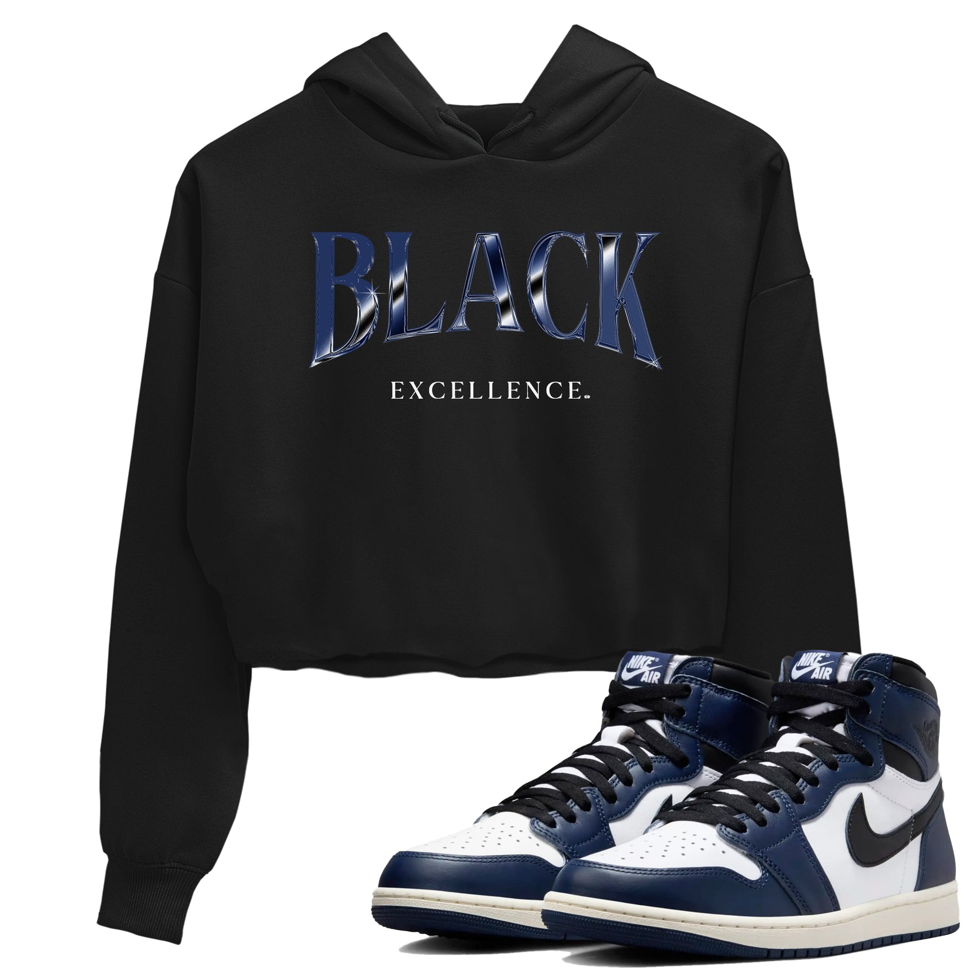 1s Midnight Navy shirts to match jordans Black Excellence sneaker match tees Air Jordan 1 Midnight Navy match shoes to clothes SNRT Sneaker Tees unisex cotton Black 1 crop tee