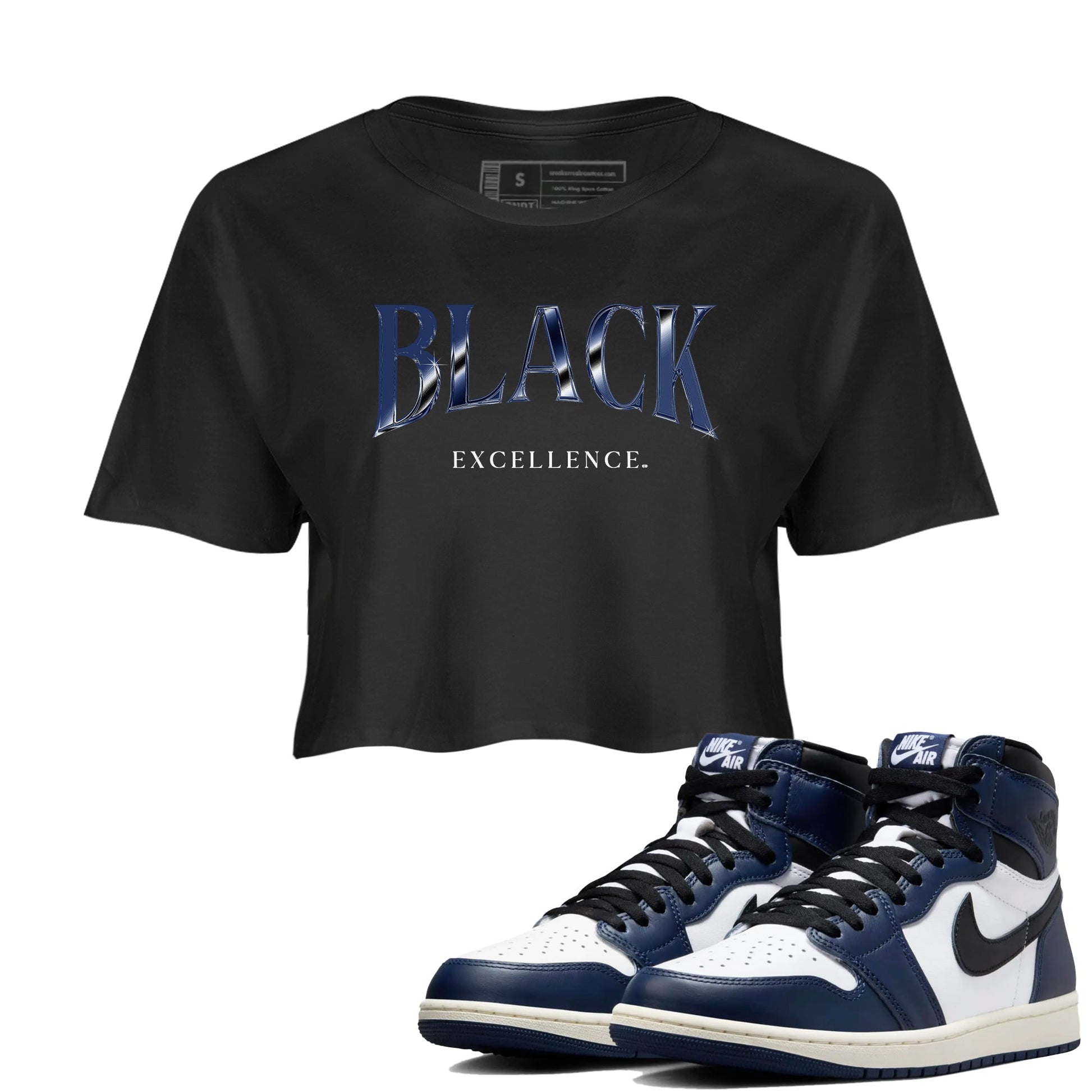 1s Midnight Navy shirts to match jordans Black Excellence sneaker match tees Air Jordan 1 Midnight Navy match shoes to clothes SNRT Sneaker Tees unisex cotton Black 1 crop tee