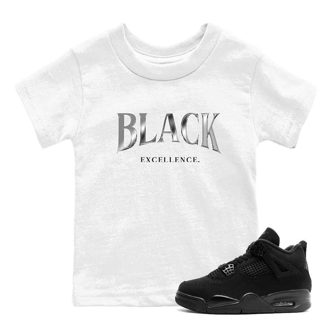 Sneaker match tees – Sneaker Tees To Match Air Jordan 4 Black Cat Shoes – Black Excellence Kids T-Shirt White 1