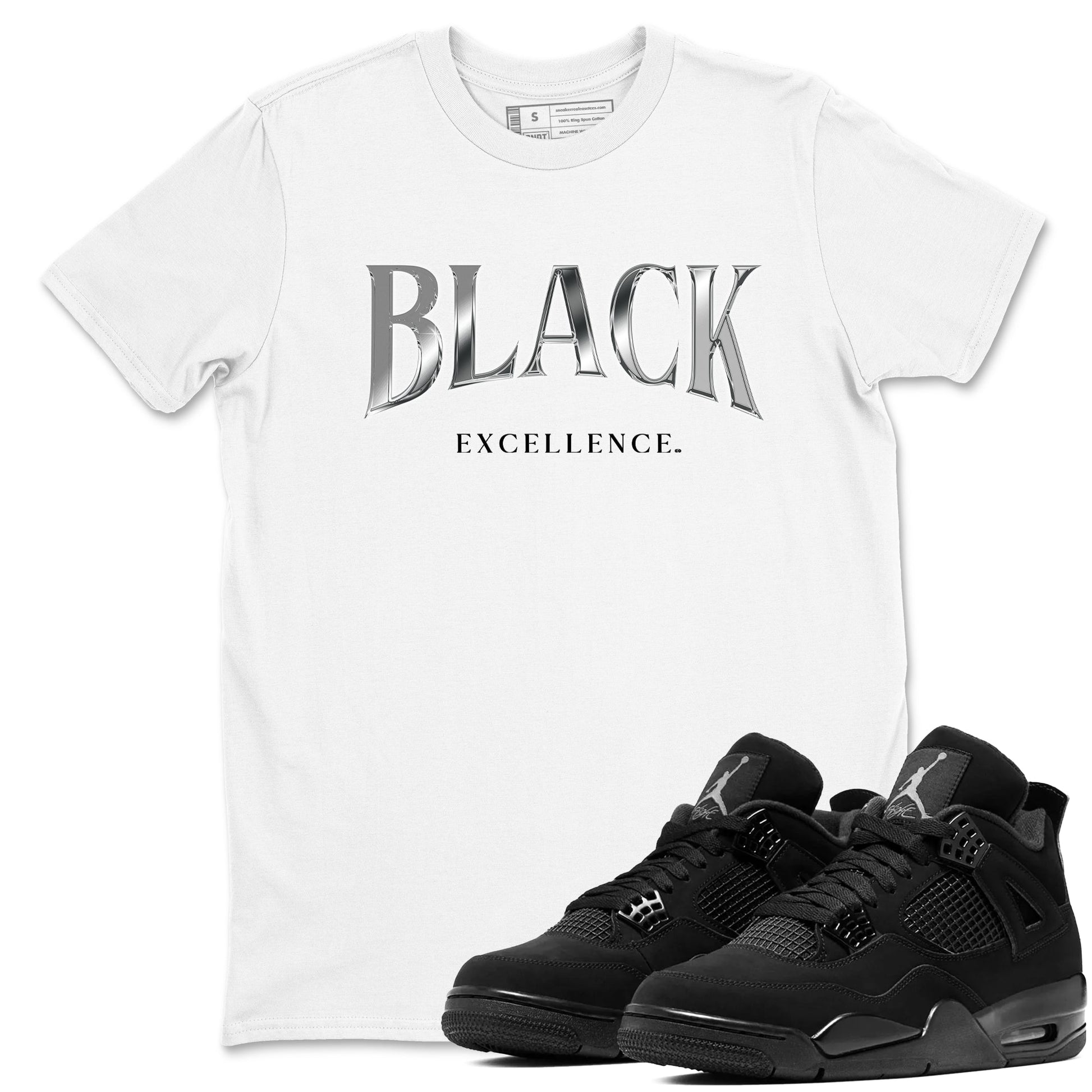 Sneaker match tees – Sneaker Tees To Match Air Jordan 4 Black Cat Shoes – Black Excellence Tee White 1