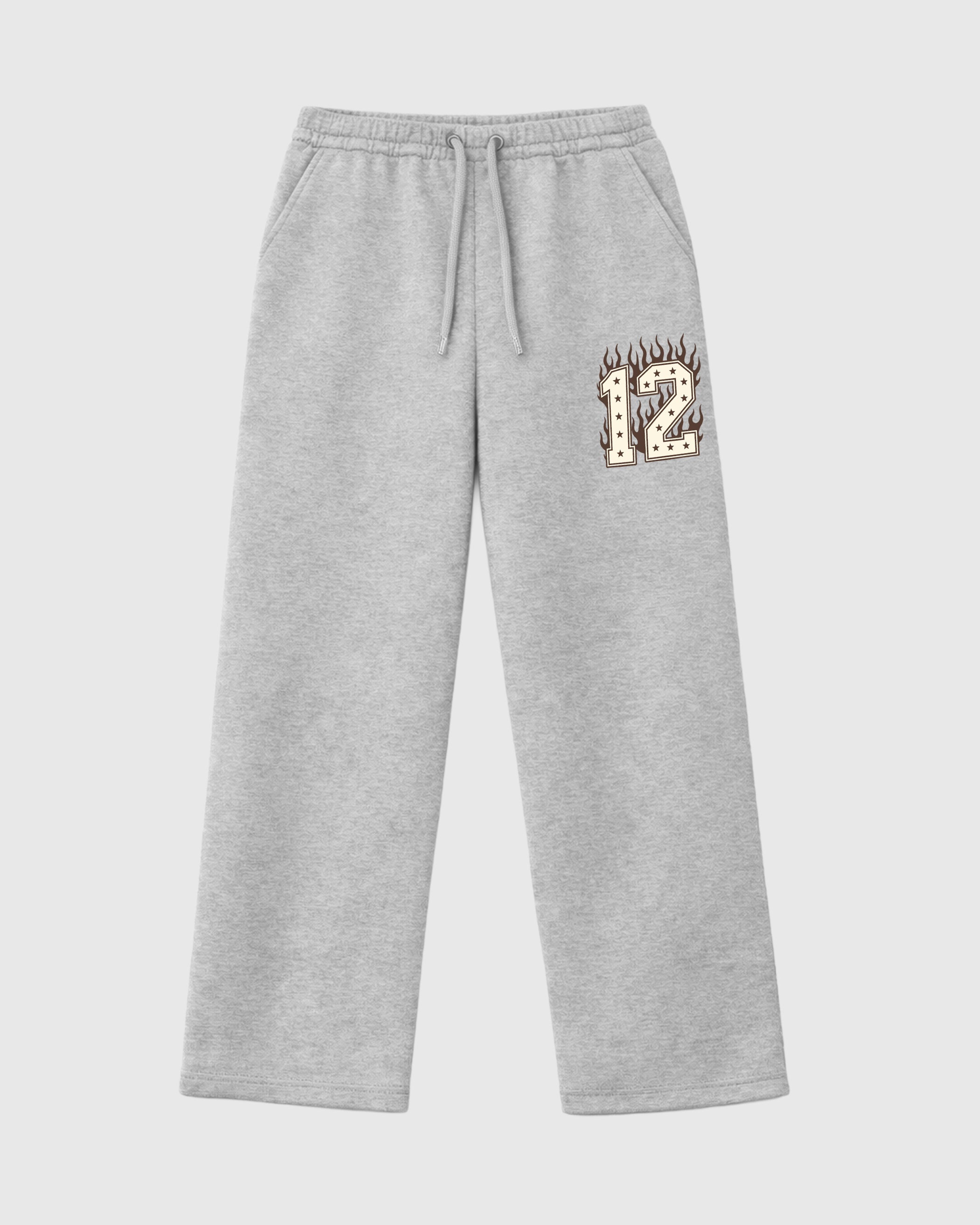 Blaze Varsity graphic wide cut sweatpants designed to match the Air Jordan 12 Fireside, featuring coordinated Heather Grey 1 options for a perfect streetwear vibe.