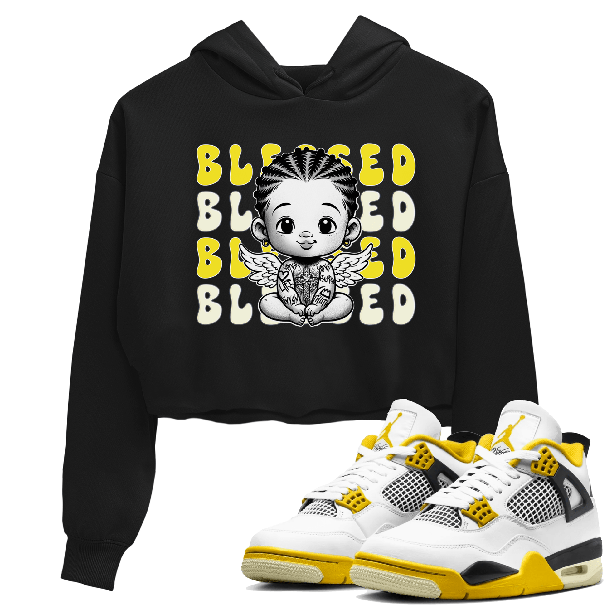 Air Jordan 4 Vivid Sulfur shirt to match jordans Blessed sneaker tees 4s Vivid Sulfur SNRT Sneaker Release Tees Black 1 crop length shirt