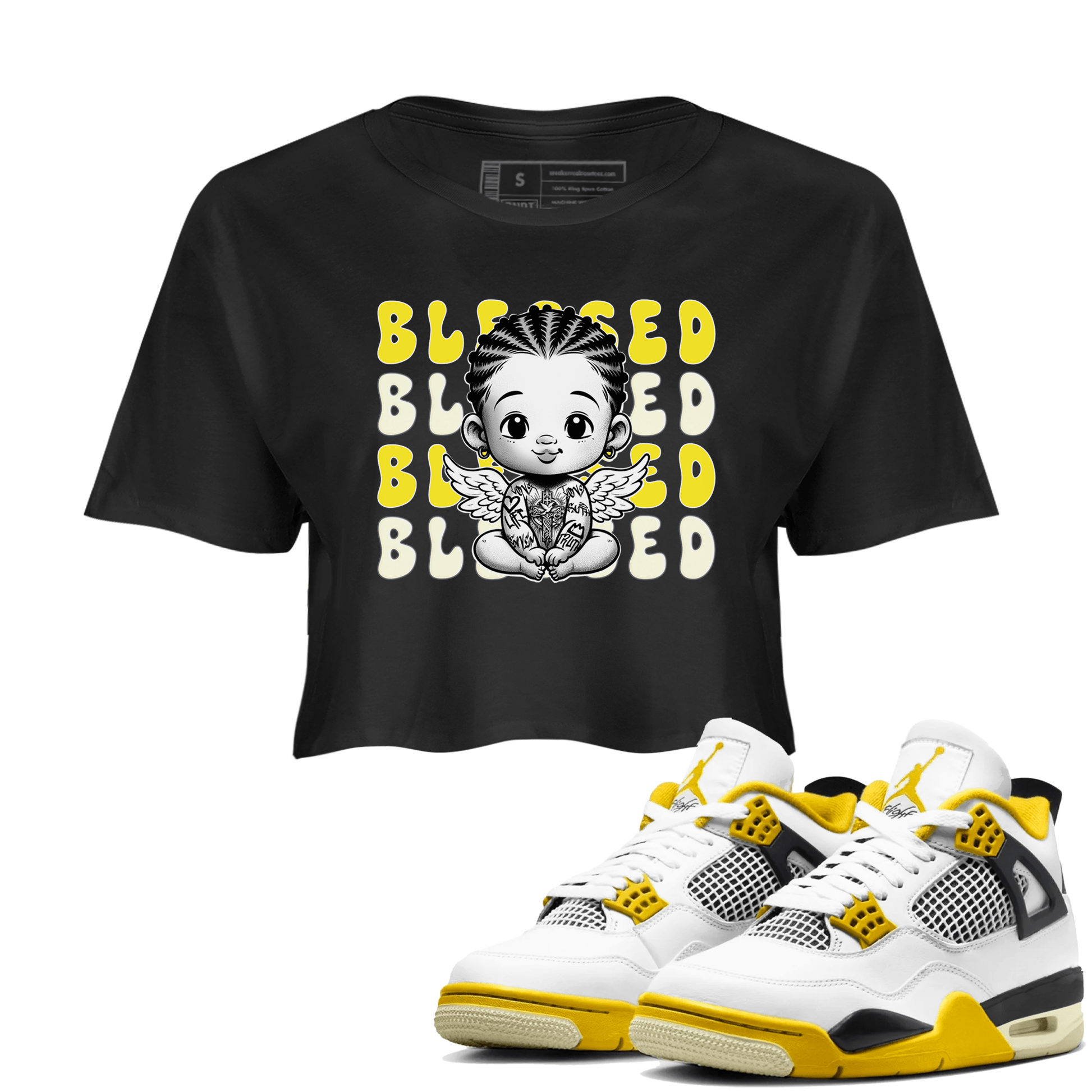 Air Jordan 4 Vivid Sulfur shirt to match jordans Blessed sneaker tees 4s Vivid Sulfur SNRT Sneaker Release Tees Black 1 crop length shirt