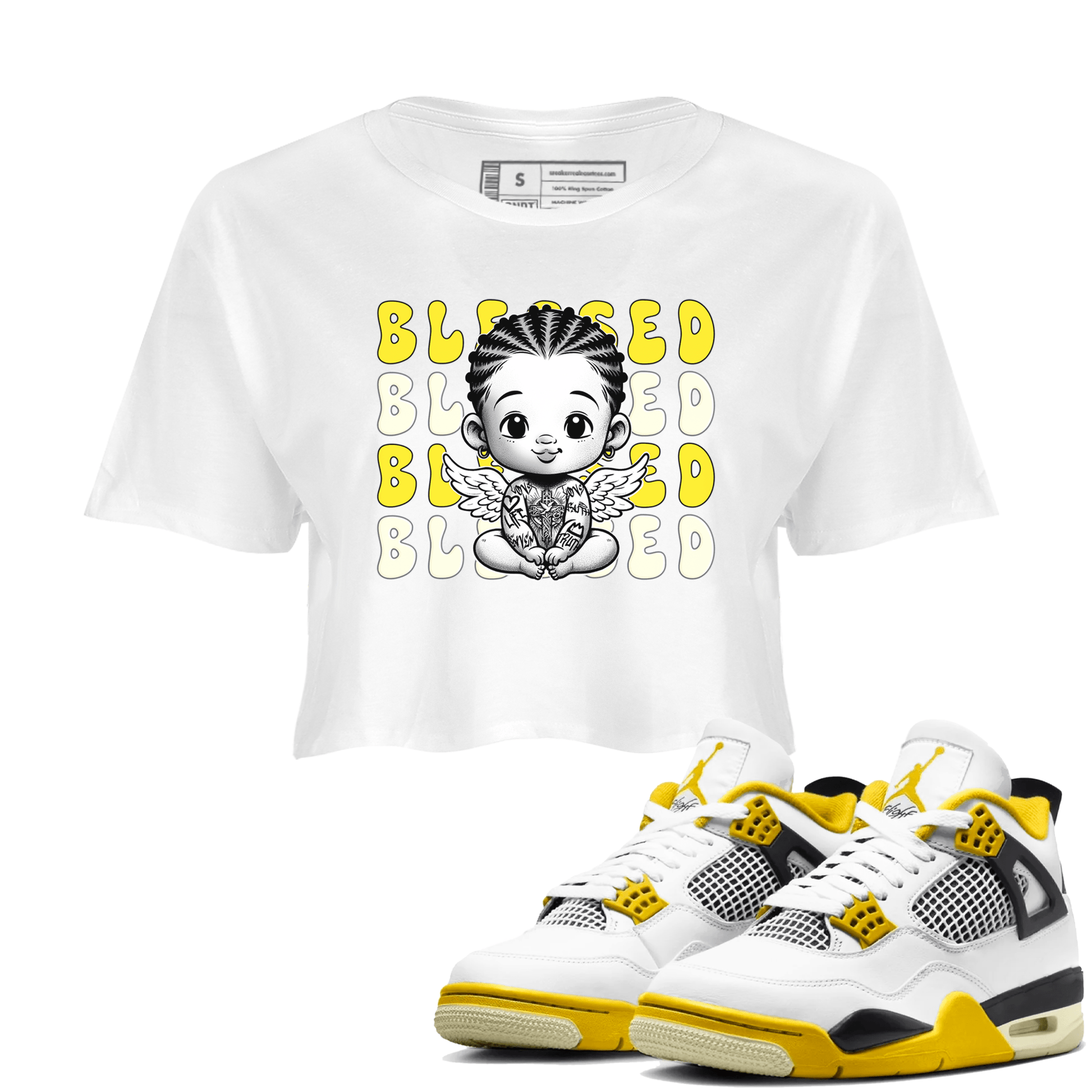 Air Jordan 4 Vivid Sulfur shirt to match jordans Blessed sneaker tees 4s Vivid Sulfur SNRT Sneaker Release Tees White 1 crop length shirt