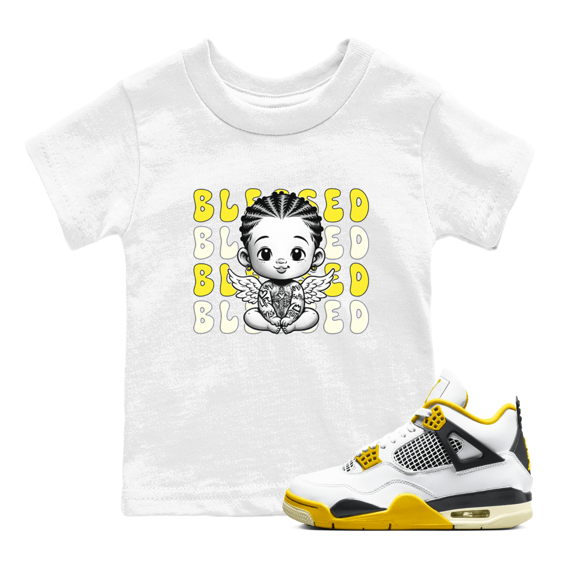 Air Jordan 4 Vivid Sulfur shirt to match jordans Blessed sneaker tees 4s Vivid Sulfur SNRT sneaker release tees baby toddler White 1 cotton Shirt