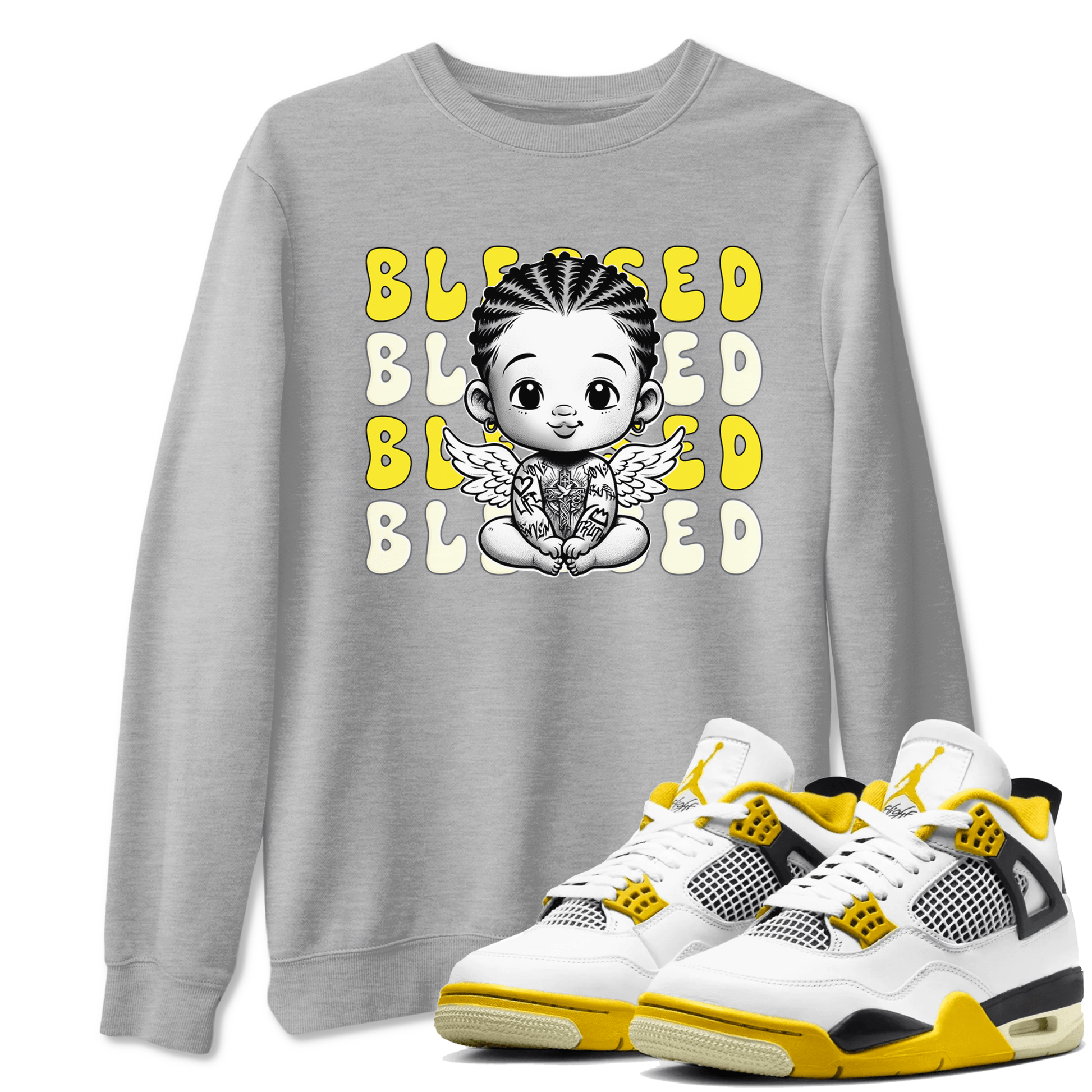 Air Jordan 4 Vivid Sulfur shirt to match jordans Blessed sneaker tees 4s Vivid Sulfur SNRT Sneaker Release Tees unisex cotton Heather Grey 1 crew neck shirt