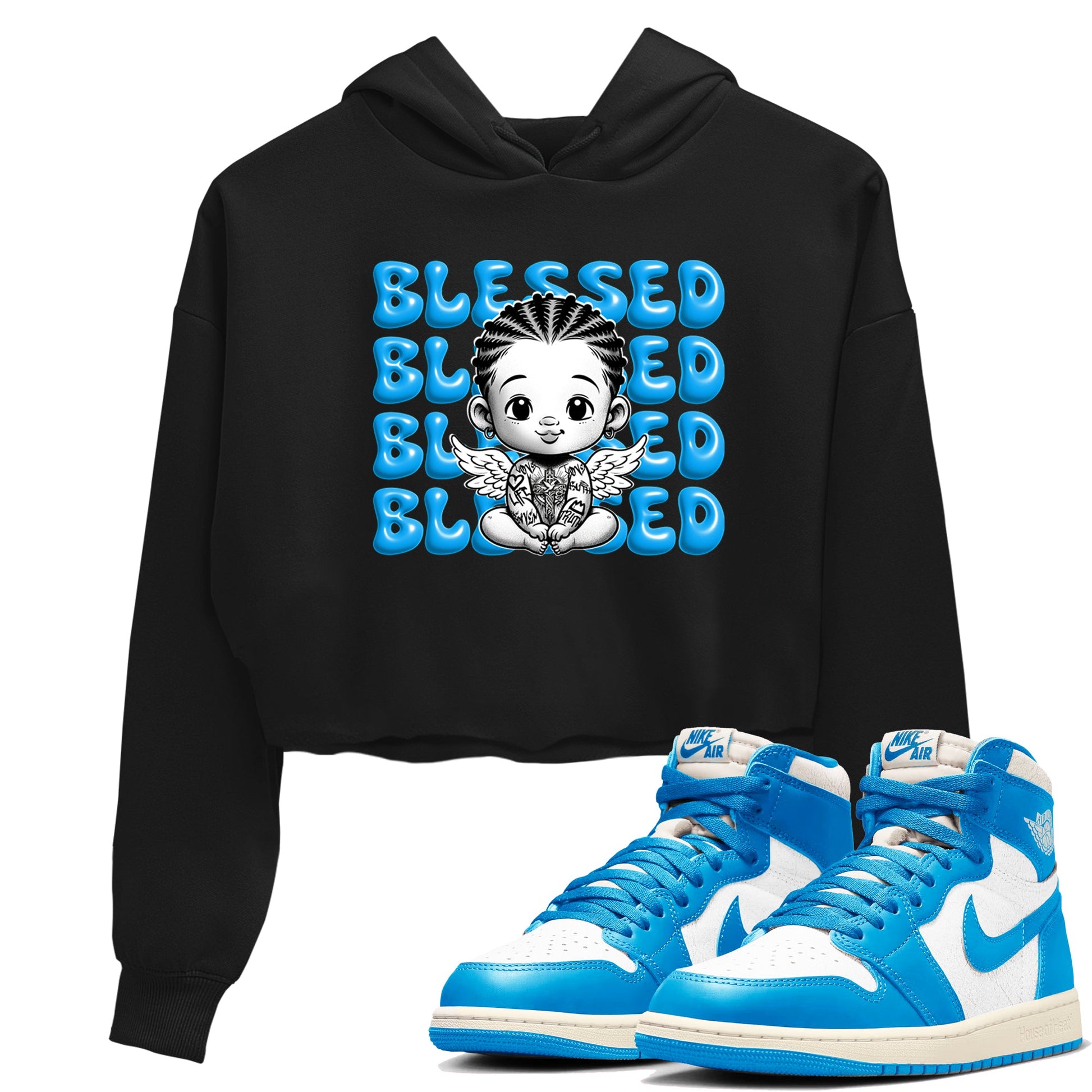 1s High OG UNC Reimagined shirts to match jordans Blessed Baby graphic tees Air Jordan 1 UNC Reimagined match shoes to clothes SNRT Sneaker Tees unisex cotton Black 1 crop tee