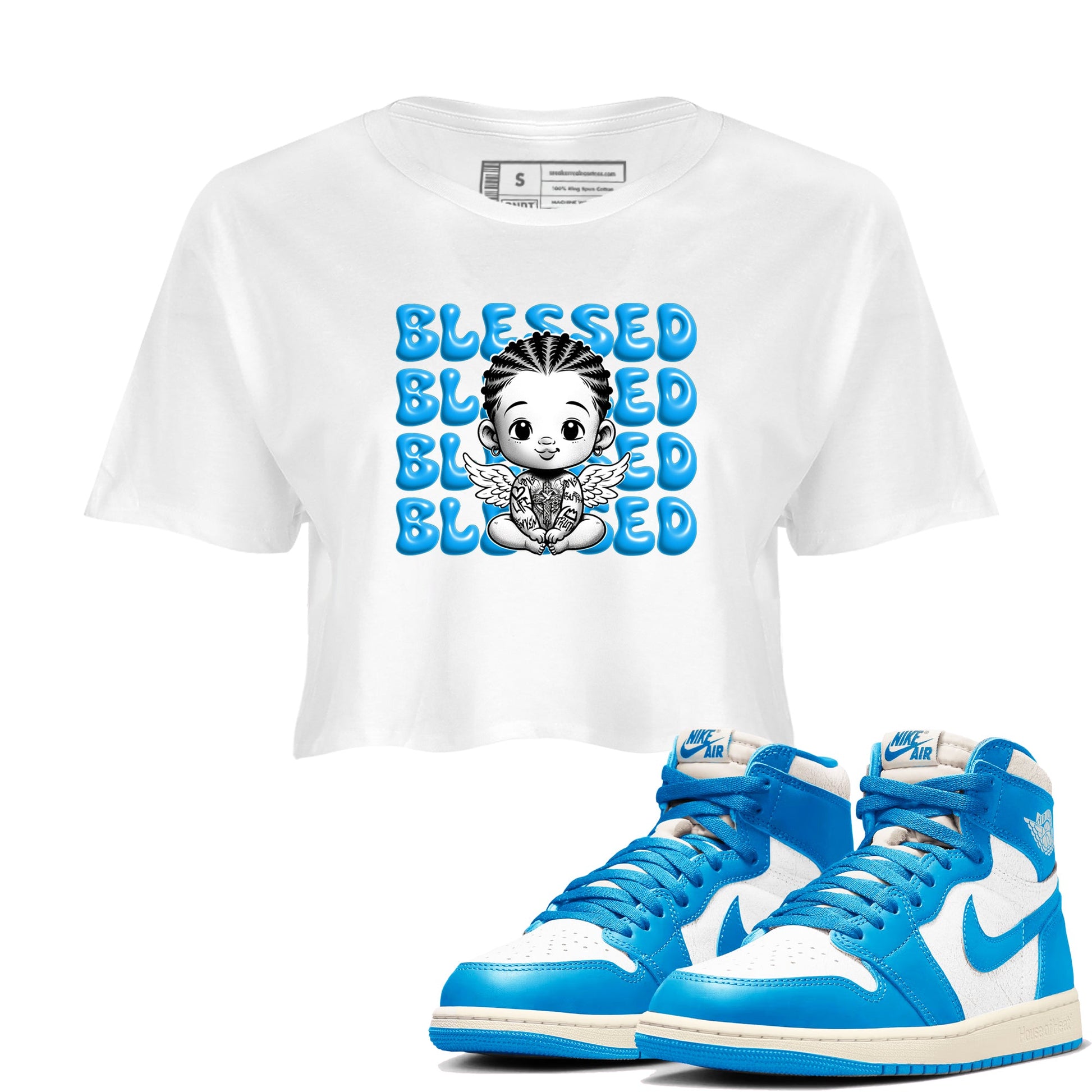 1s High OG UNC Reimagined shirts to match jordans Blessed Baby graphic tees Air Jordan 1 UNC Reimagined match shoes to clothes SNRT Sneaker Tees unisex cotton White 1 crop tee