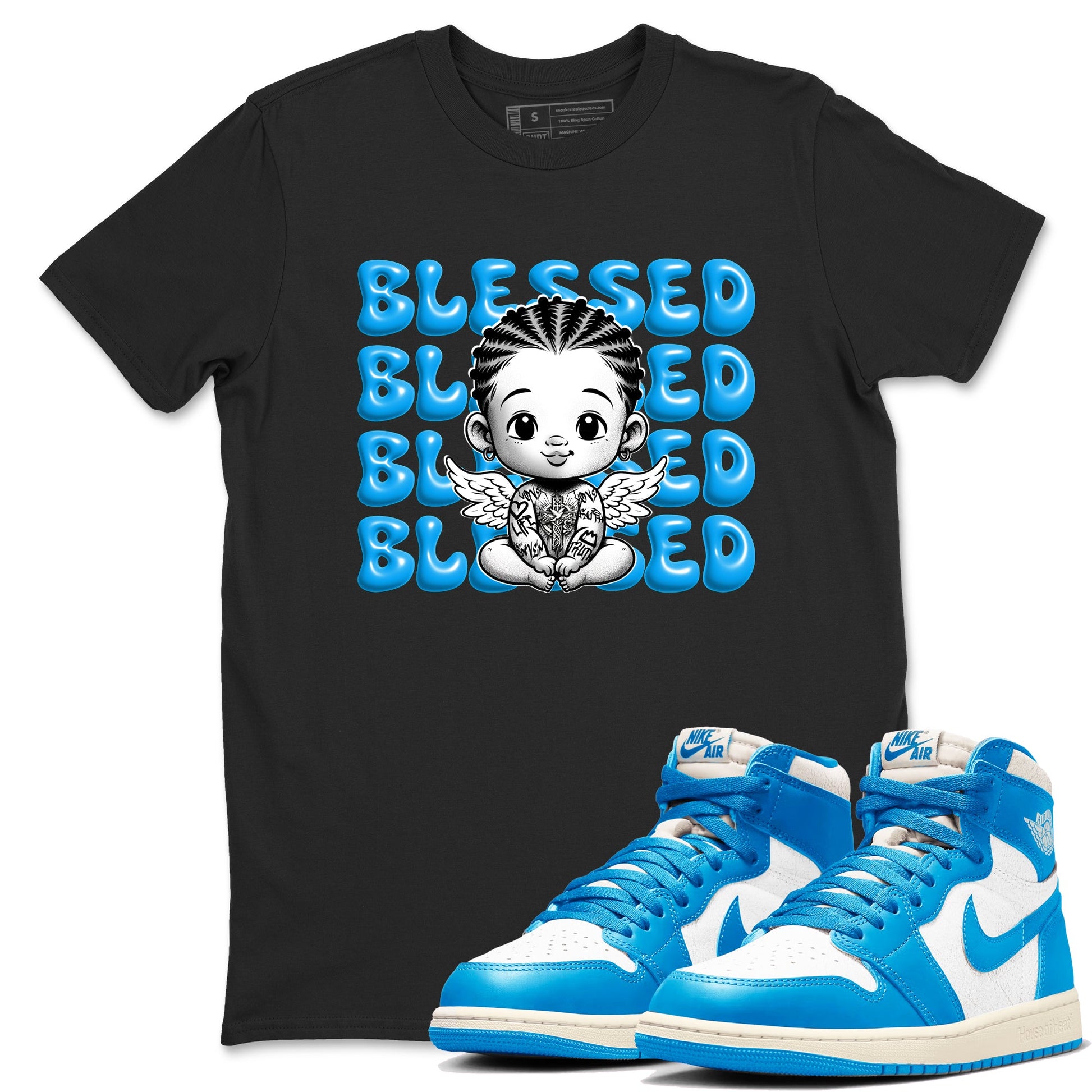 1s High OG UNC Reimagined shirts to match jordans Blessed Baby graphic tees Air Jordan 1 UNC Reimagined match shoes to clothes SNRT Sneaker Tees unisex cotton Black 1 shirts
