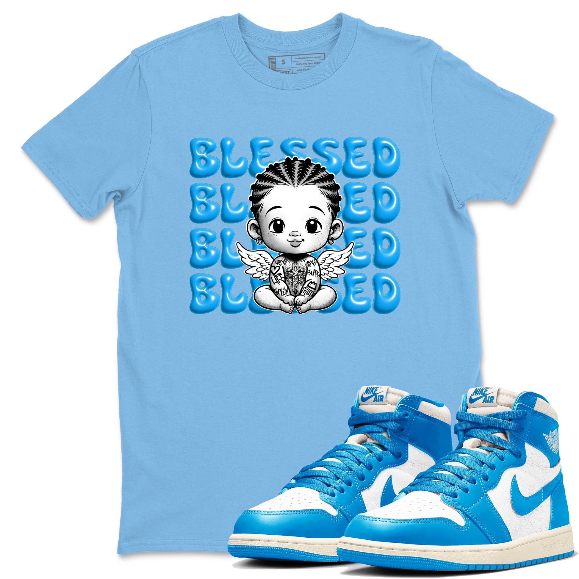 1s High OG UNC Reimagined shirts to match jordans Blessed Baby graphic tees Air Jordan 1 UNC Reimagined match shoes to clothes SNRT Sneaker Tees unisex cotton Carolina Blue 1 shirts
