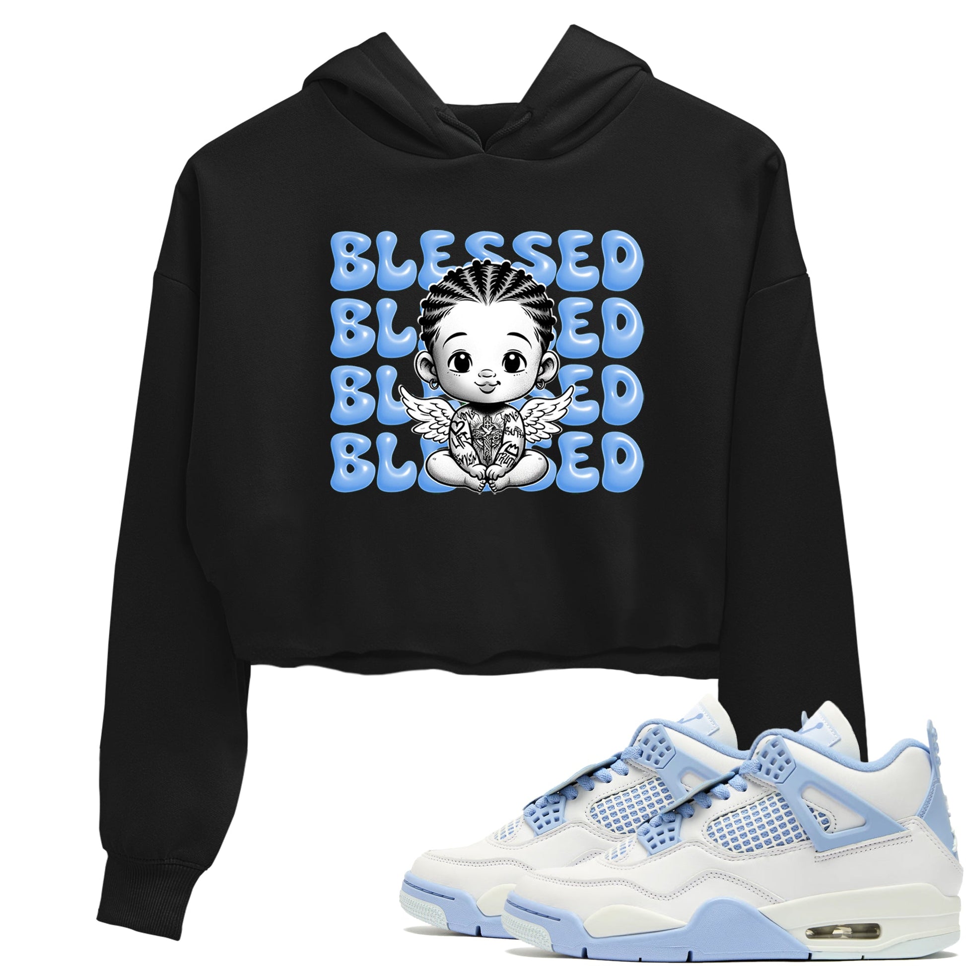 4s Forget Me Not shirts to match jordans Blessed Baby graphic tees Air Jordan 4 Forget Me Not match shoes to clothes SNRT Sneaker Tees unisex cotton Black 1 crop tee