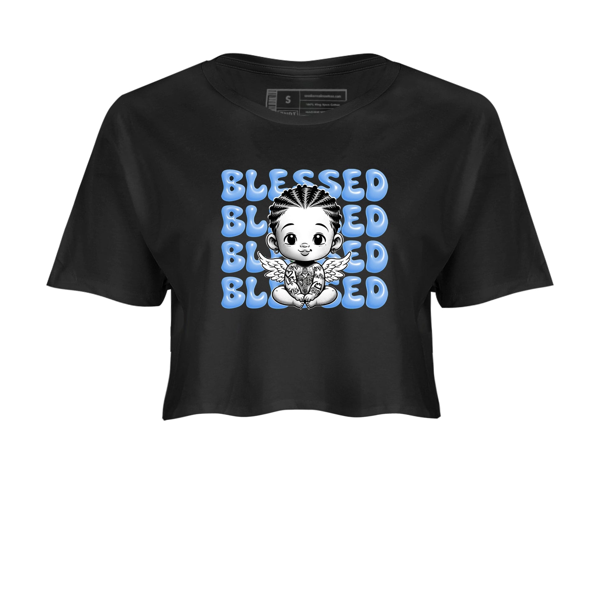 4s Forget Me Not shirts to match jordans Blessed Baby graphic tees Air Jordan 4 Forget Me Not match shoes to clothes SNRT Sneaker Tees unisex cotton Black 2 crop tee