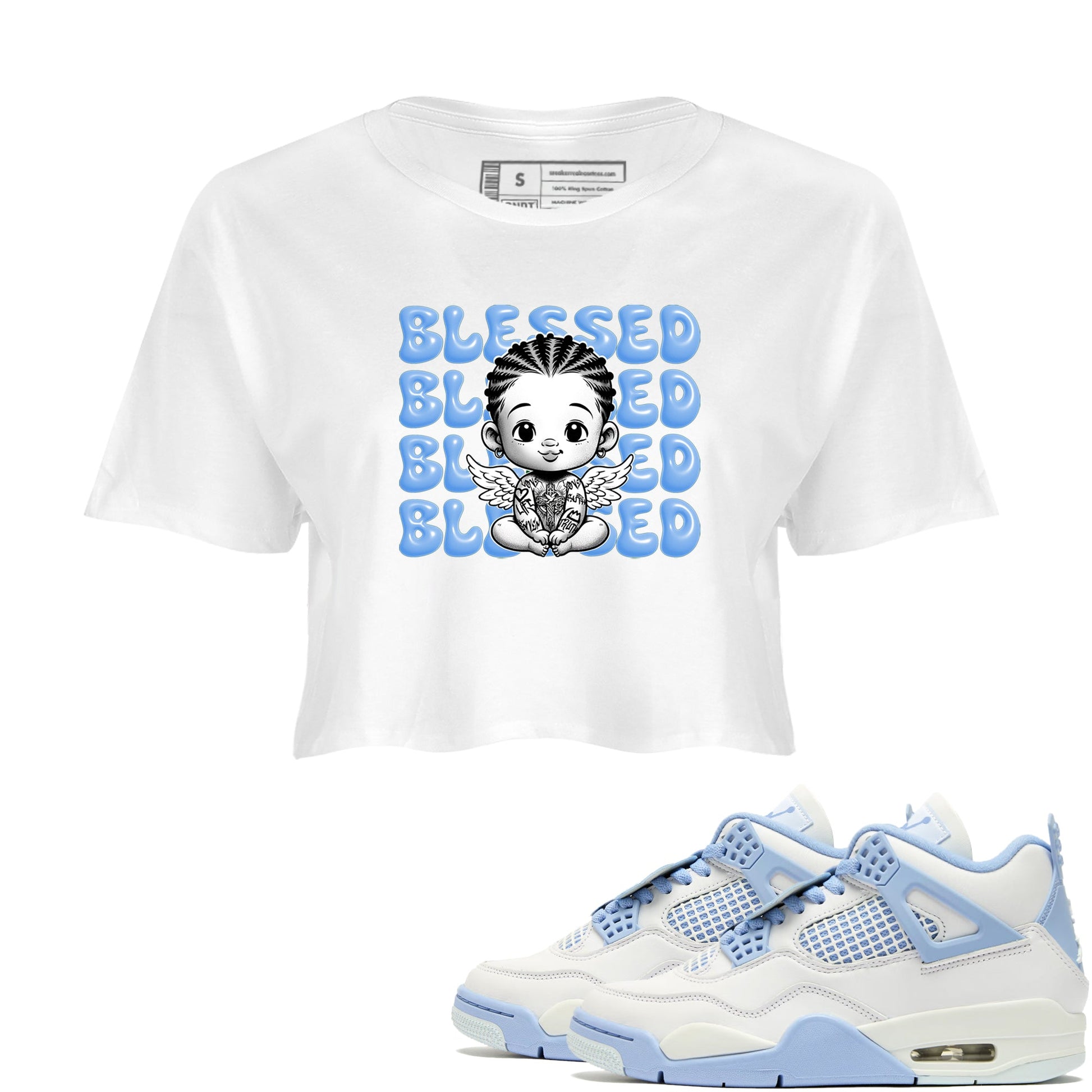4s Forget Me Not shirts to match jordans Blessed Baby graphic tees Air Jordan 4 Forget Me Not match shoes to clothes SNRT Sneaker Tees unisex cotton White 1 crop tee