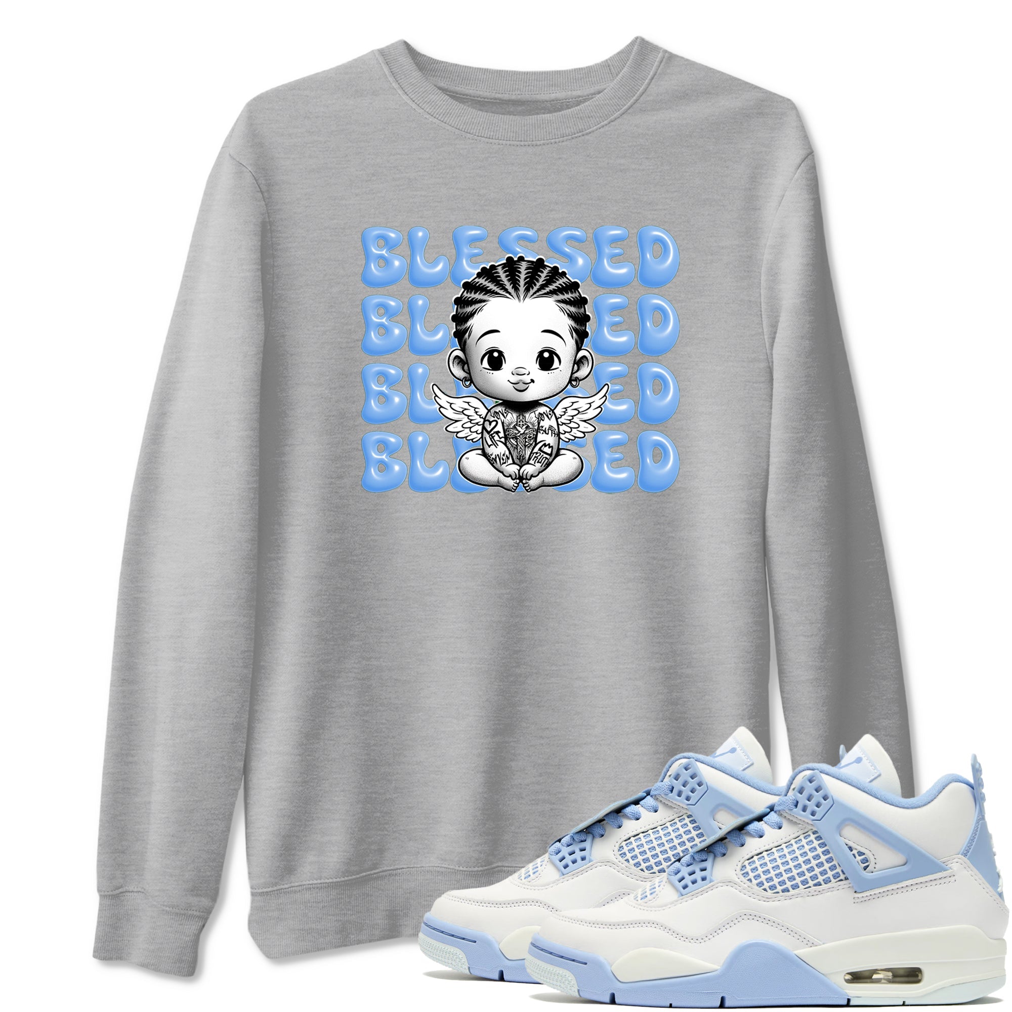 4s Forget Me Not shirts to match jordans Blessed Baby graphic tees Air Jordan 4 Forget Me Not match shoes to clothes SNRT Sneaker Tees unisex cotton Heather Grey 1 shirts