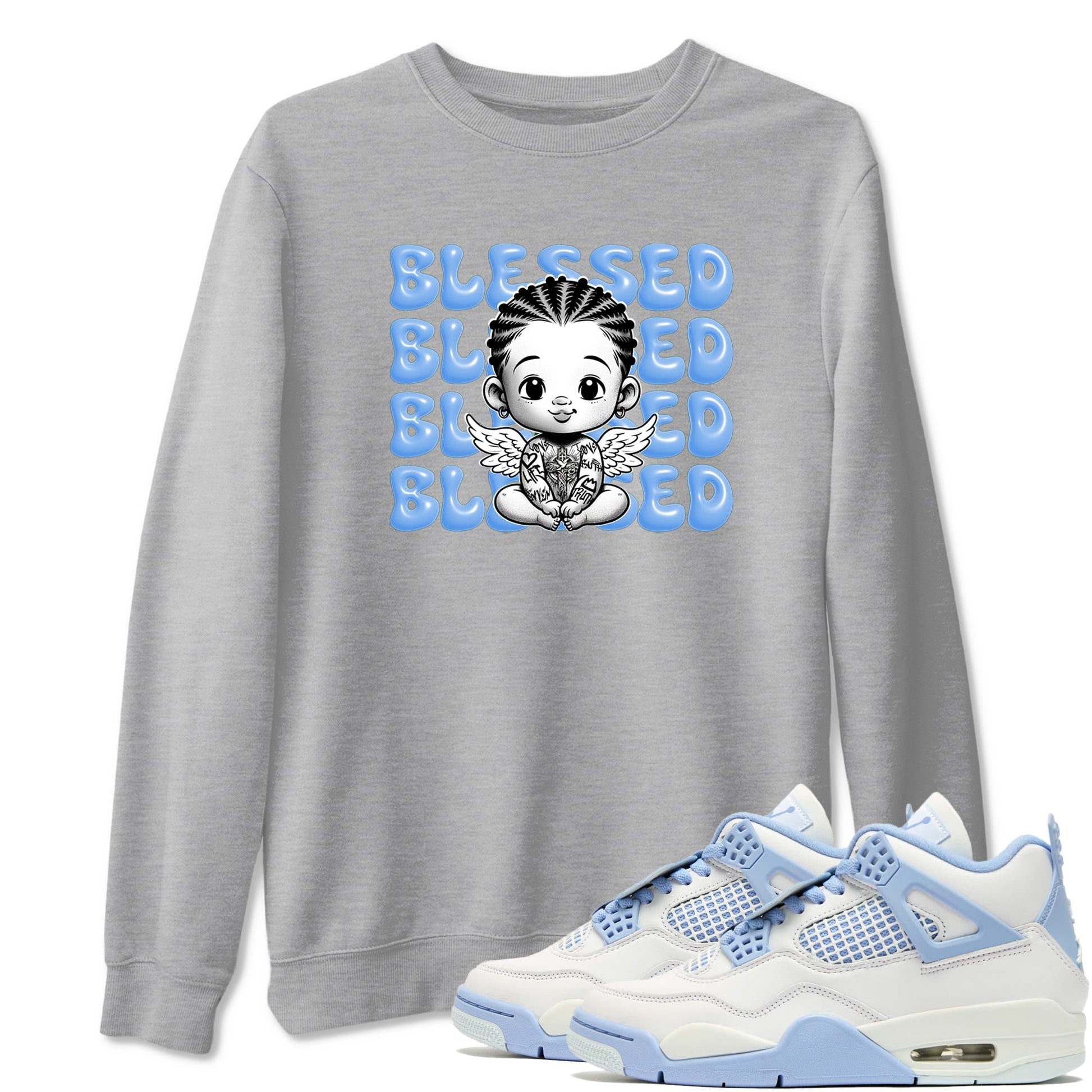 4s Forget Me Not shirts to match jordans Blessed Baby graphic tees Air Jordan 4 Forget Me Not match shoes to clothes SNRT Sneaker Tees unisex cotton Heather Grey 1 shirts