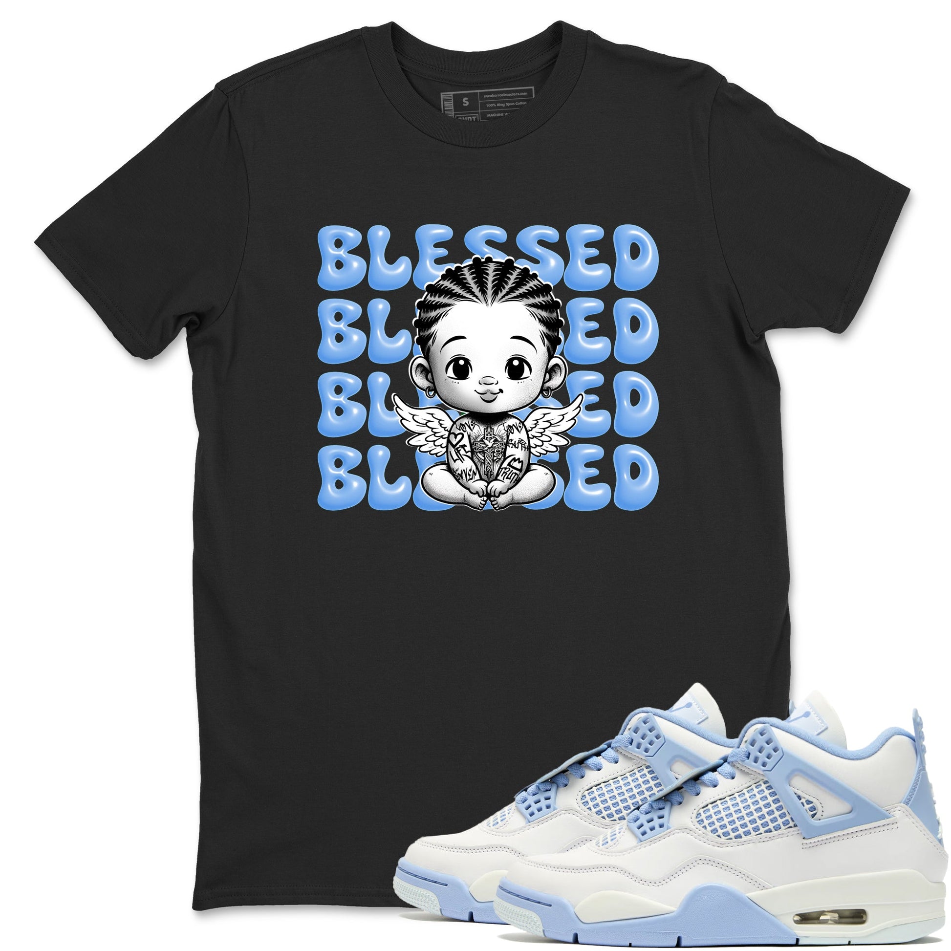 4s Forget Me Not shirts to match jordans Blessed Baby graphic tees Air Jordan 4 Forget Me Not match shoes to clothes SNRT Sneaker Tees unisex cotton Black 1 shirts