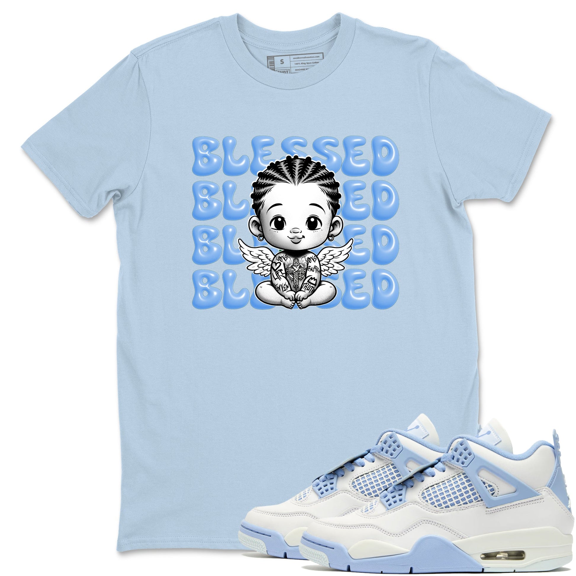 4s Forget Me Not shirts to match jordans Blessed Baby graphic tees Air Jordan 4 Forget Me Not match shoes to clothes SNRT Sneaker Tees unisex cotton Light Blue 1 shirts