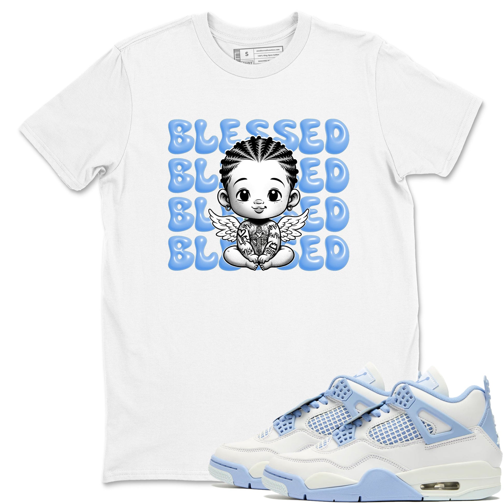 4s Forget Me Not shirts to match jordans Blessed Baby graphic tees Air Jordan 4 Forget Me Not match shoes to clothes SNRT Sneaker Tees unisex cotton White 1 shirts
