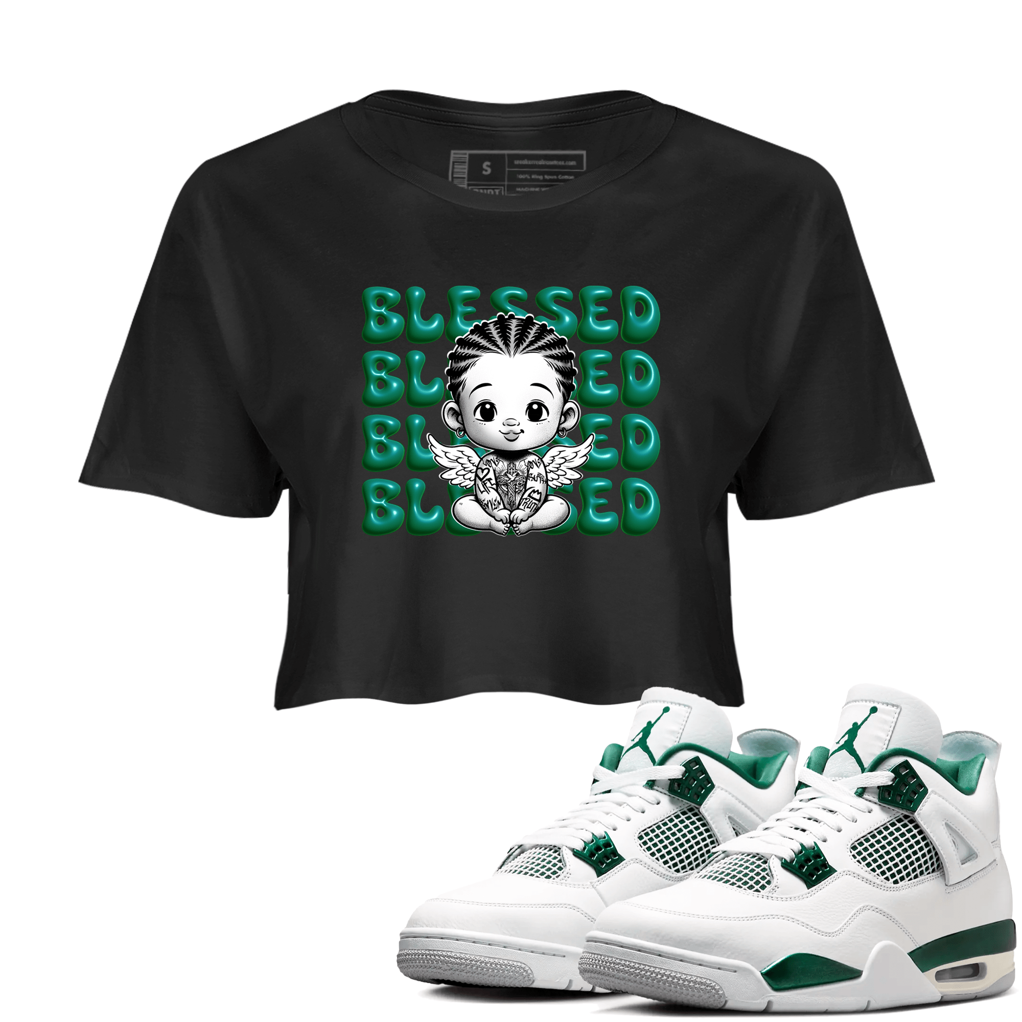 Air Jordan 4 Retro Oxidized Green shirts to match jordans Blessed Baby sneaker match tees Air Jordan 4 Oxidized Green SNRT Sneaker Tees streetwear brand Black 1 crop tee