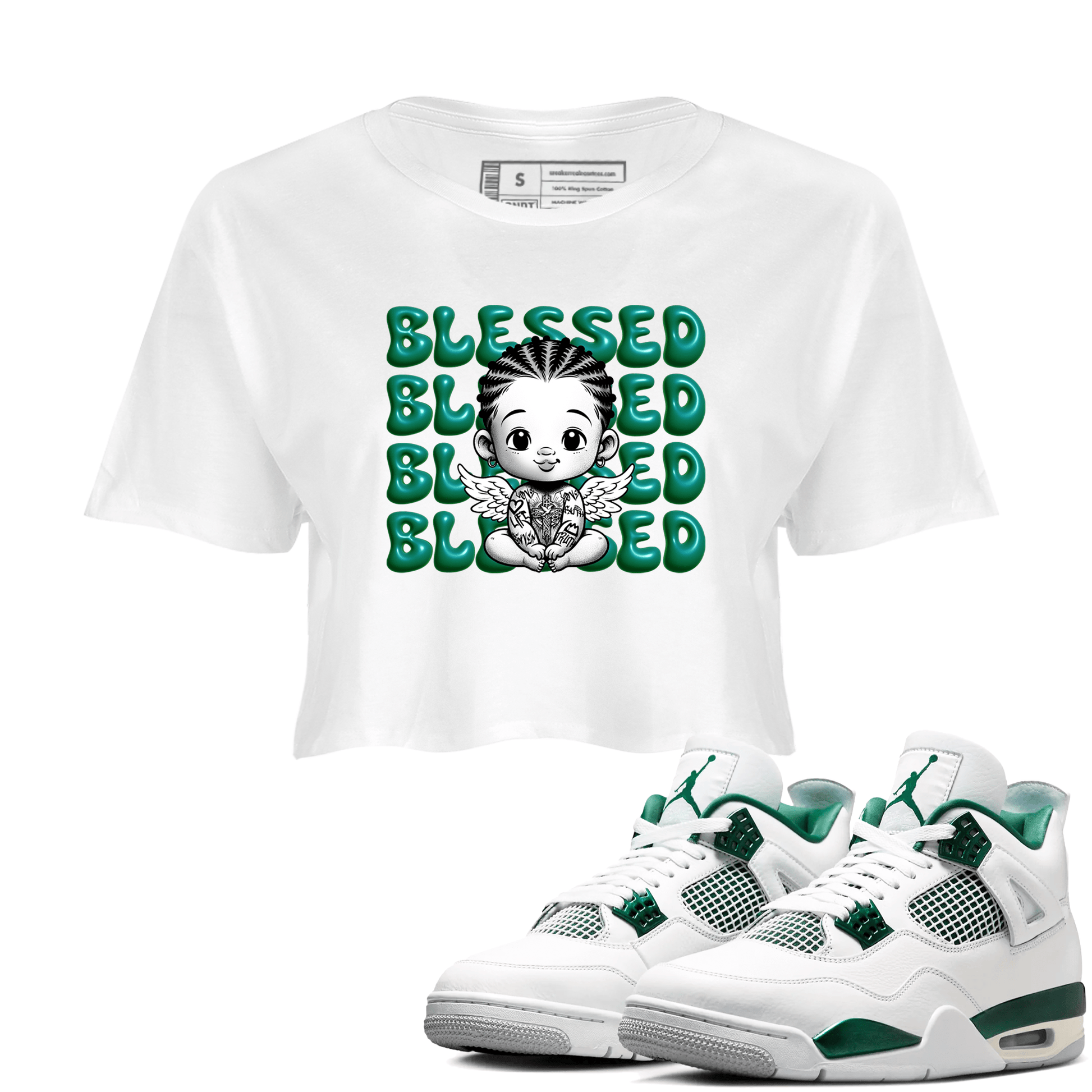 Air Jordan 4 Retro Oxidized Green shirts to match jordans Blessed Baby sneaker match tees Air Jordan 4 Oxidized Green SNRT Sneaker Tees streetwear brand White 1 crop tee