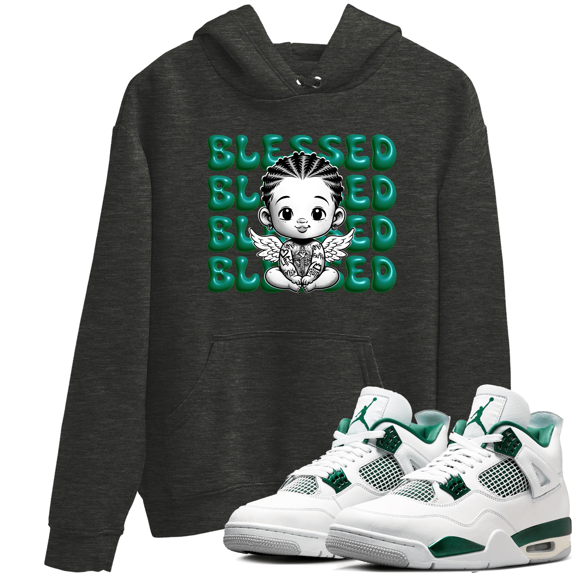 Air Jordan 4 Retro Oxidized Green shirts to match jordans Blessed Baby sneaker match tees Air Jordan 4 Oxidized Green SNRT Sneaker Tees streetwear brand Charcoal Heather 1 unisex cotton tee