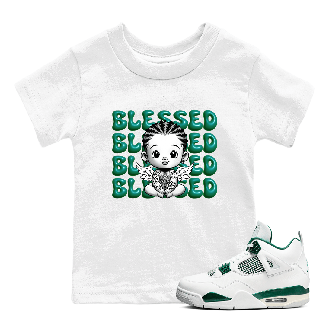 Air Jordan 4 Retro Oxidized Green shirts to match jordans Blessed Baby sneaker match tees Air Jordan 4 Oxidized Green SNRT Sneaker Tees streetwear brand Baby and Youth White 1 cotton tee