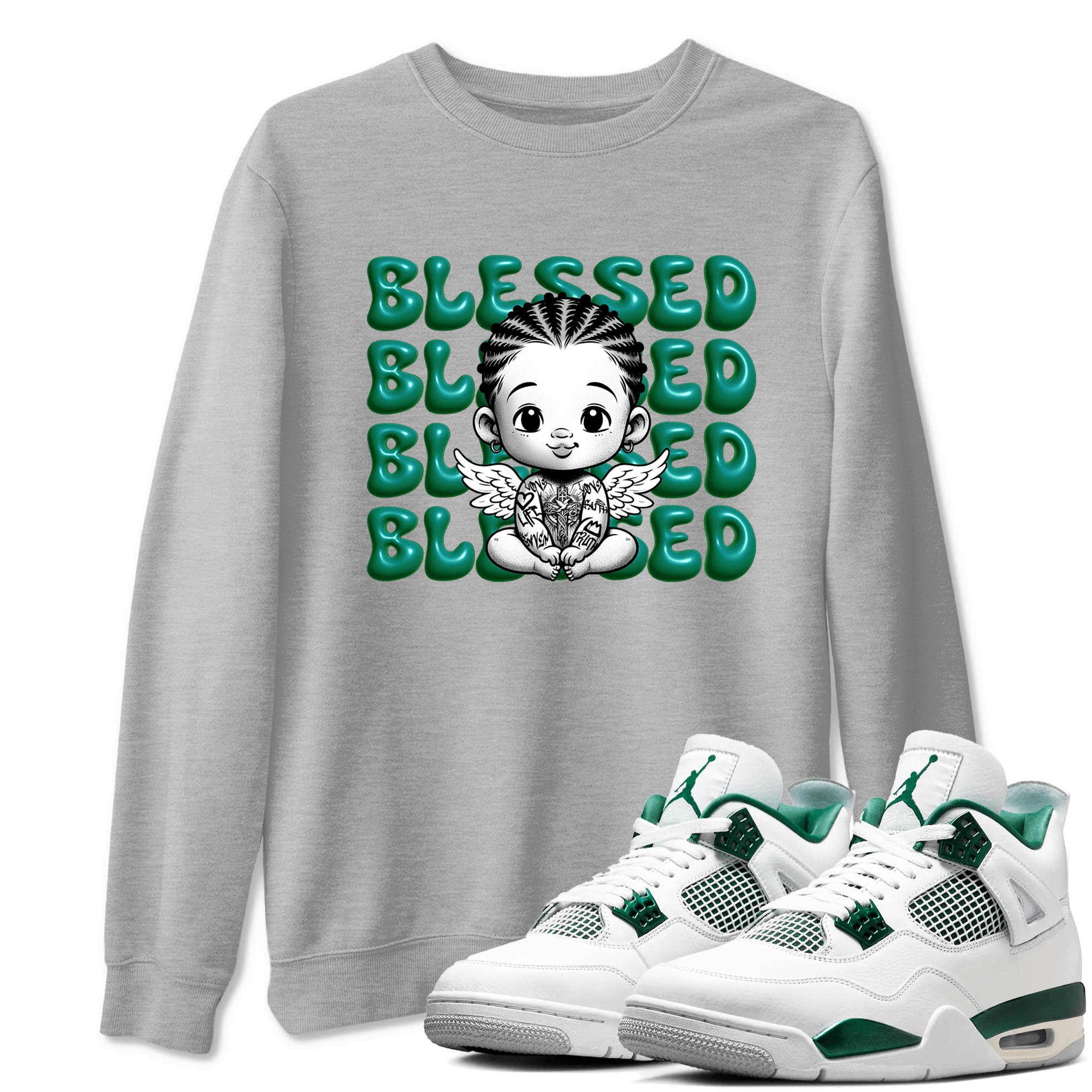 Air Jordan 4 Retro Oxidized Green shirts to match jordans Blessed Baby sneaker match tees Air Jordan 4 Oxidized Green SNRT Sneaker Tees streetwear brand Heather Grey 1 unisex cotton tee