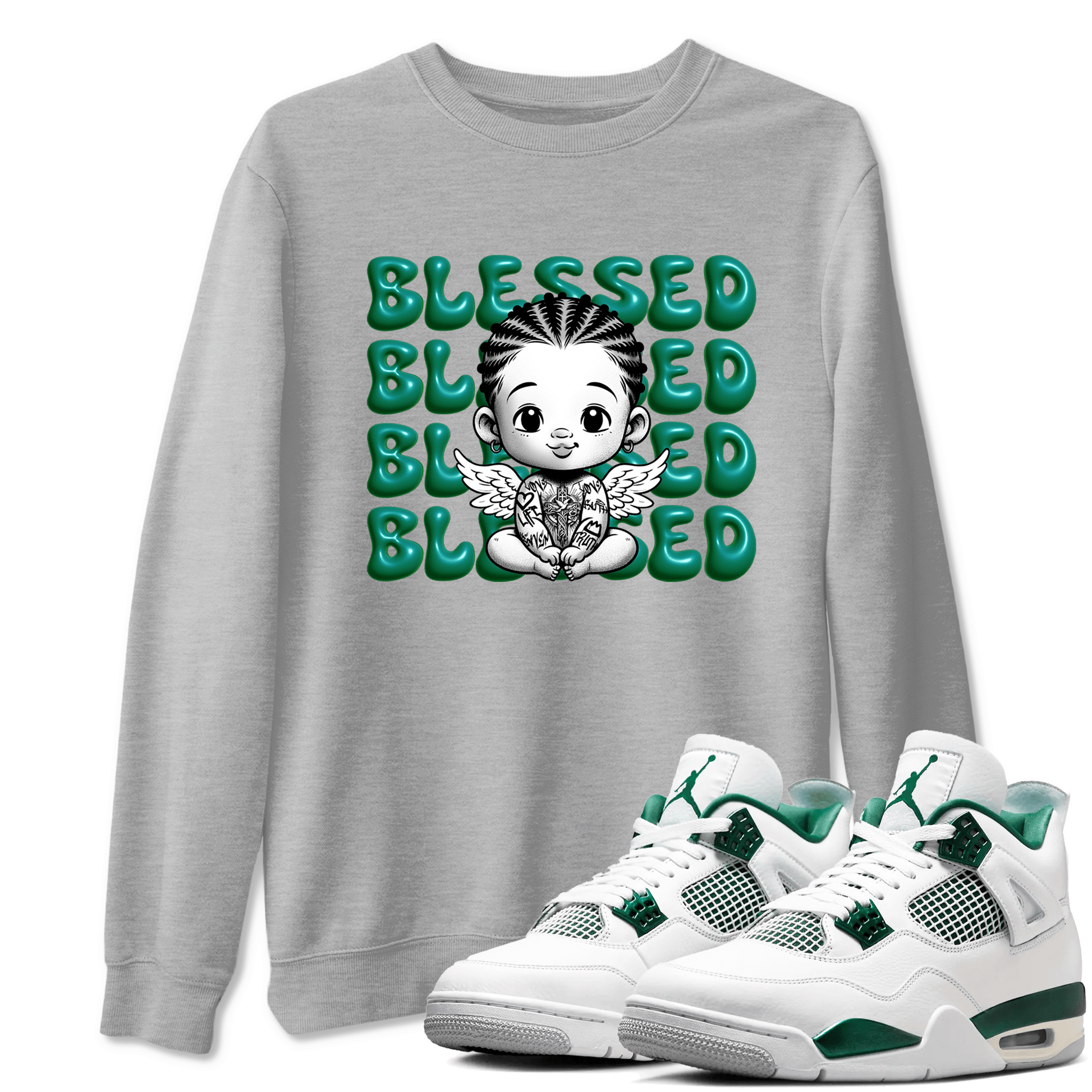 Air Jordan 4 Retro Oxidized Green shirts to match jordans Blessed Baby sneaker match tees Air Jordan 4 Oxidized Green SNRT Sneaker Tees streetwear brand Heather Grey 1 unisex cotton tee