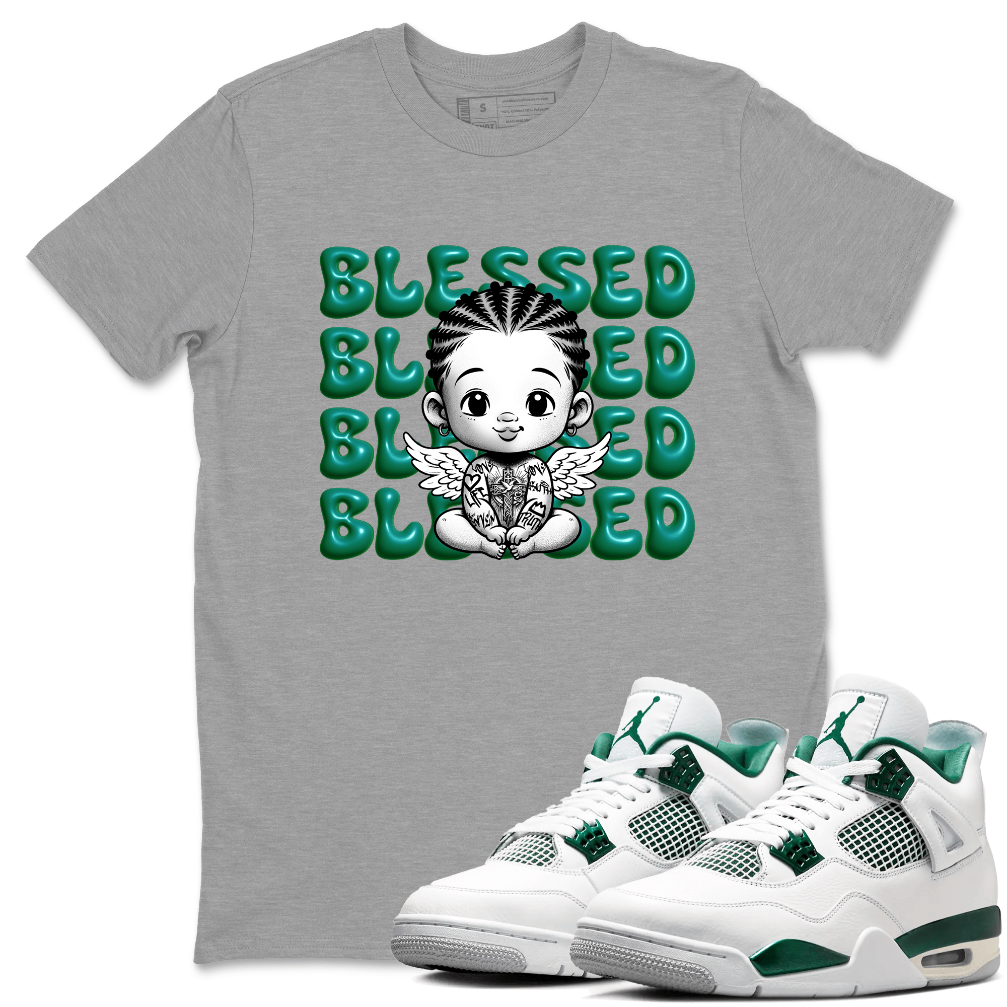 Air Jordan 4 Retro Oxidized Green shirts to match jordans Blessed Baby sneaker match tees Air Jordan 4 Oxidized Green SNRT Sneaker Tees streetwear brand Heather Grey 1 unisex cotton tee