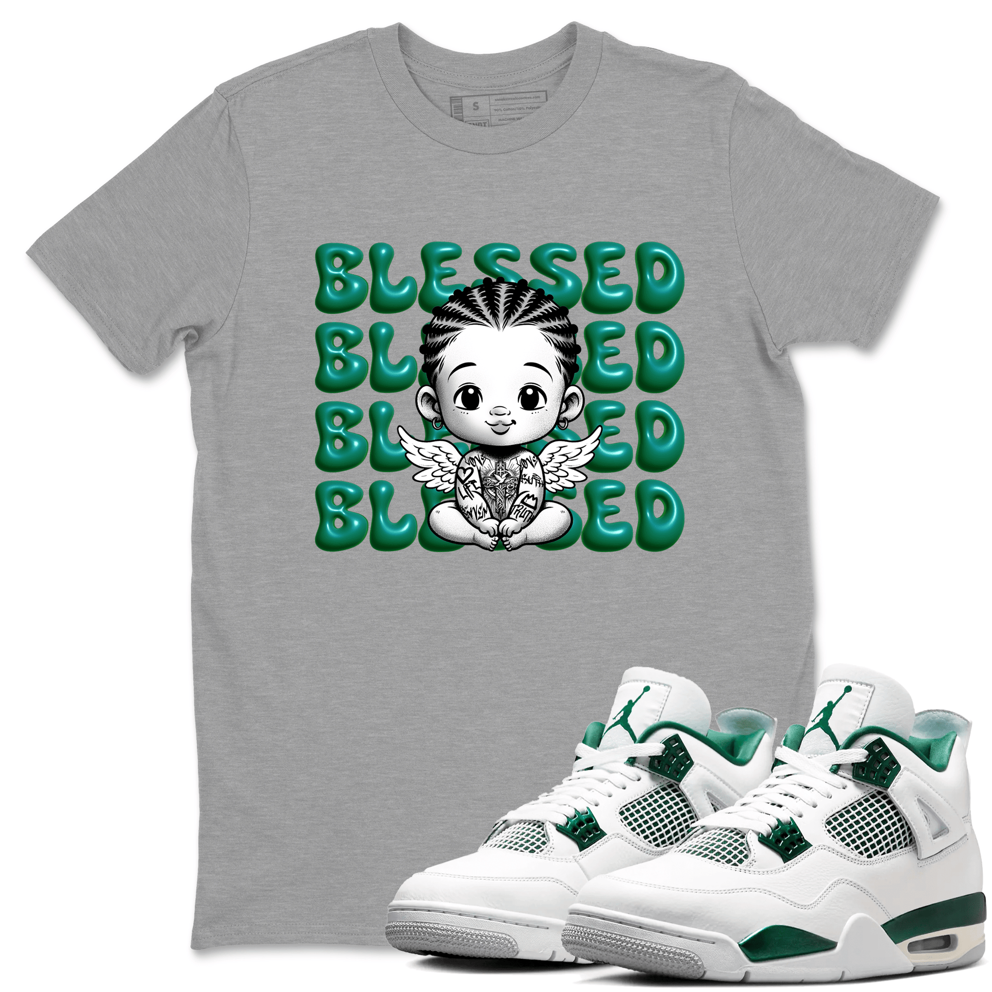 Air Jordan 4 Retro Oxidized Green shirts to match jordans Blessed Baby sneaker match tees Air Jordan 4 Oxidized Green SNRT Sneaker Tees streetwear brand Heather Grey 1 unisex cotton tee