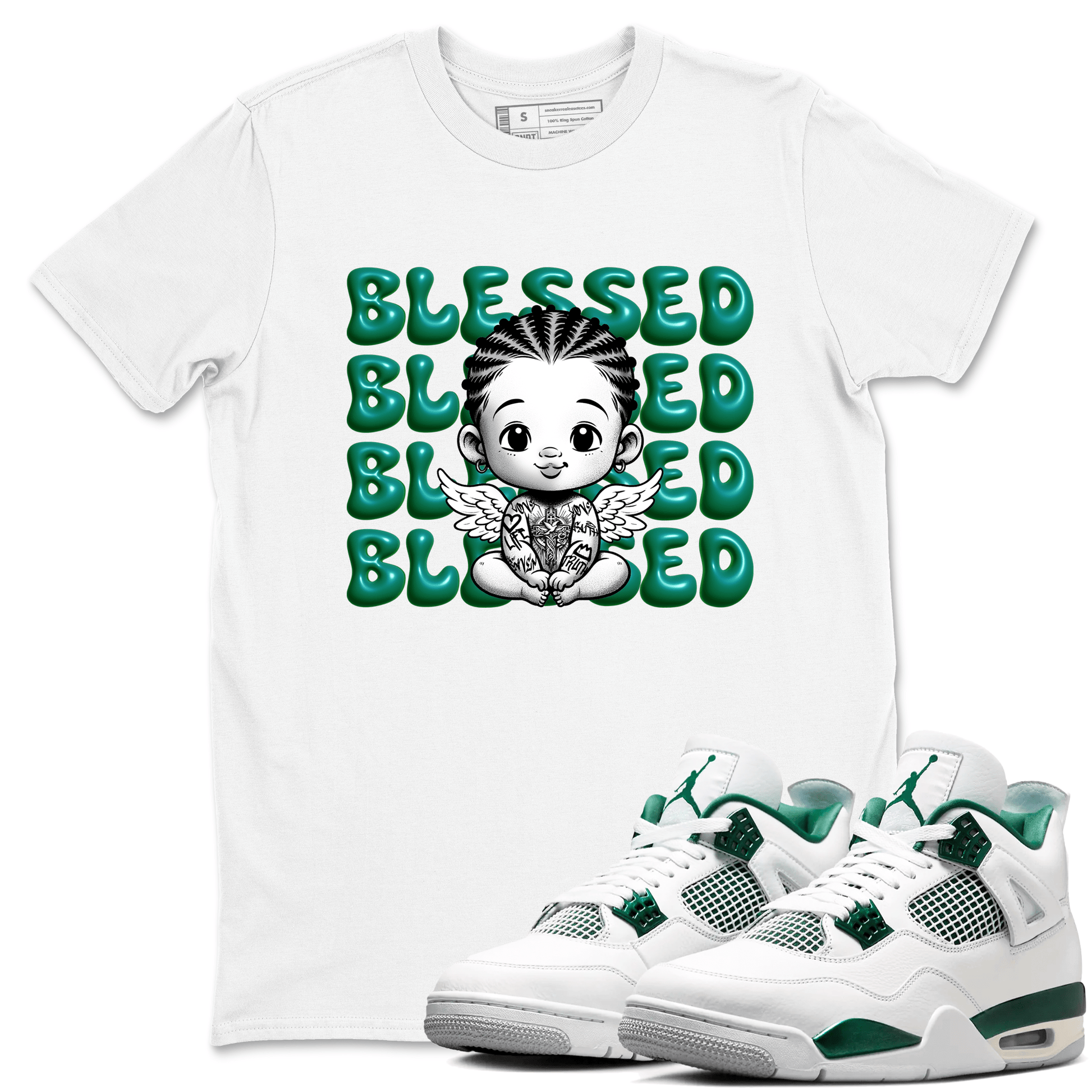 Air Jordan 4 Retro Oxidized Green shirts to match jordans Blessed Baby sneaker match tees Air Jordan 4 Oxidized Green SNRT Sneaker Tees streetwear brand White 1 unisex cotton tee