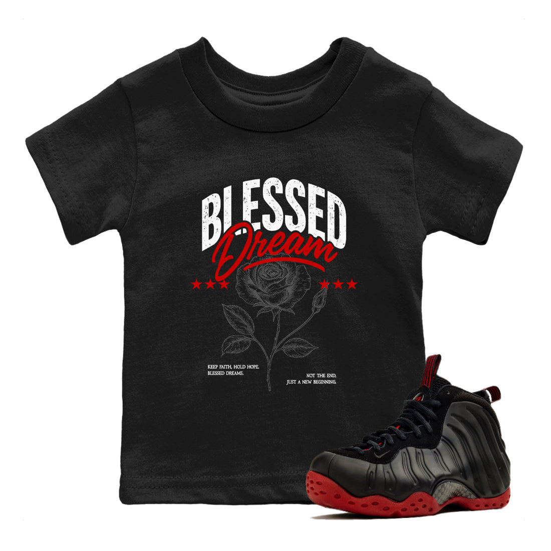 Sneaker match tees – Sneaker Threads To Match Air Foamposite Cough Drop Shoes, Air Foamposite One Black and Varsity Red – Blessed Dream Kids T-Shirt Black 1
