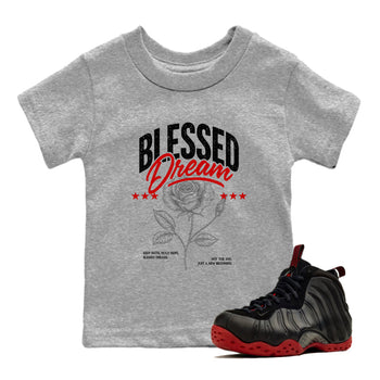 Sneaker match tees – Sneaker Threads To Match Air Foamposite Cough Drop Shoes, Air Foamposite One Black and Varsity Red – Blessed Dream Kids T-Shirt Heather Grey 1