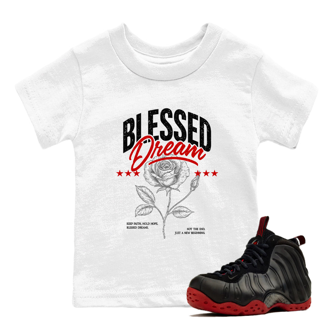 Sneaker match tees – Sneaker Threads To Match Air Foamposite Cough Drop Shoes, Air Foamposite One Black and Varsity Red – Blessed Dream Kids T-Shirt White 1