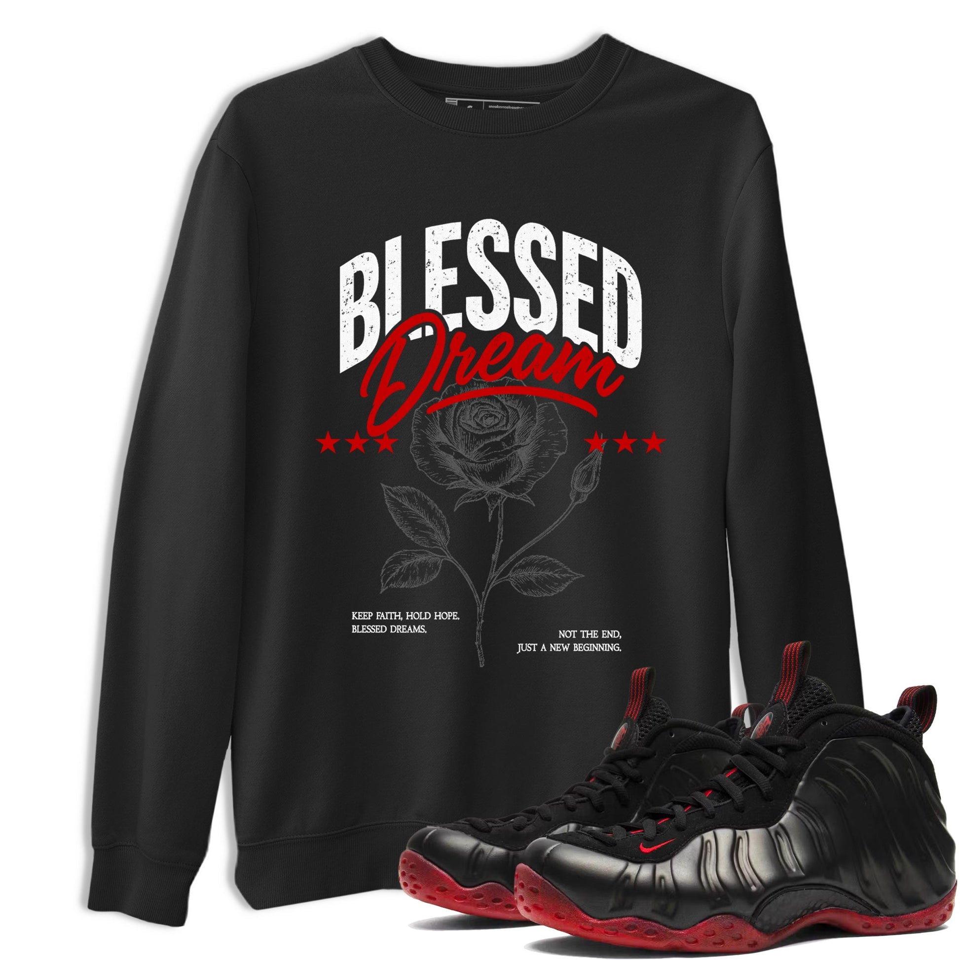 Sneaker match tees – Sneaker Threads To Match Air Foamposite Cough Drop Shoes, Air Foamposite One Black and Varsity Red – Blessed Dream Tee Black 1