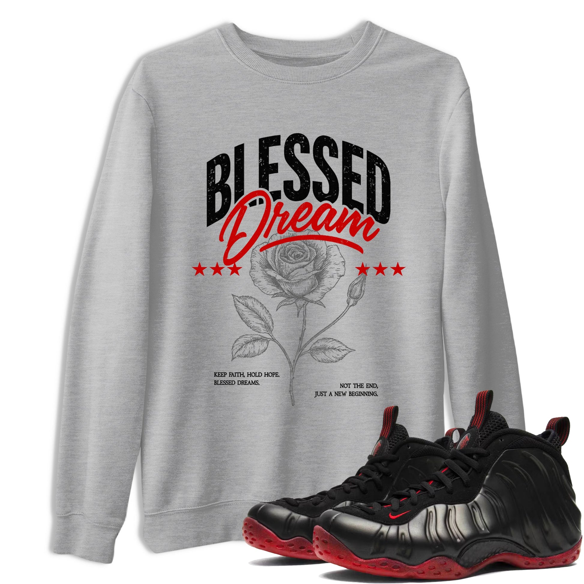Sneaker match tees – Sneaker Threads To Match Air Foamposite Cough Drop Shoes, Air Foamposite One Black and Varsity Red – Blessed Dream Tee Heather Grey 1