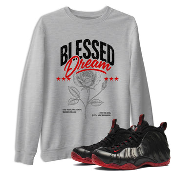 Sneaker match tees – Sneaker Threads To Match Air Foamposite Cough Drop Shoes, Air Foamposite One Black and Varsity Red – Blessed Dream Tee Heather Grey 1