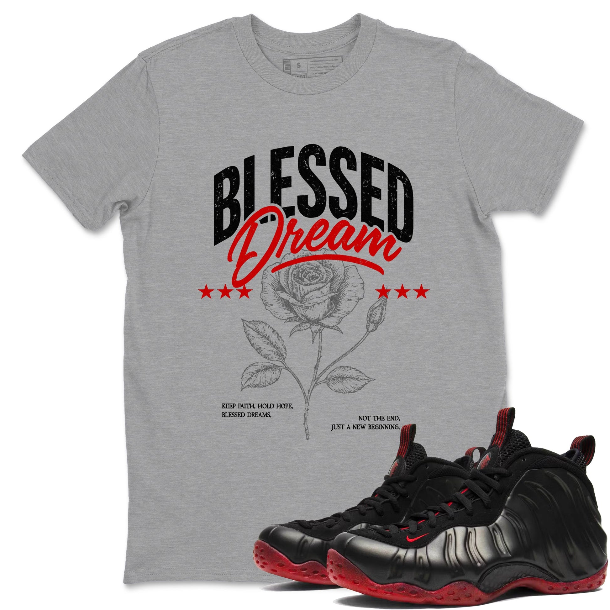 Sneaker match tees – Sneaker Threads To Match Air Foamposite Cough Drop Shoes, Air Foamposite One Black and Varsity Red – Blessed Dream Tee Heather Grey 1