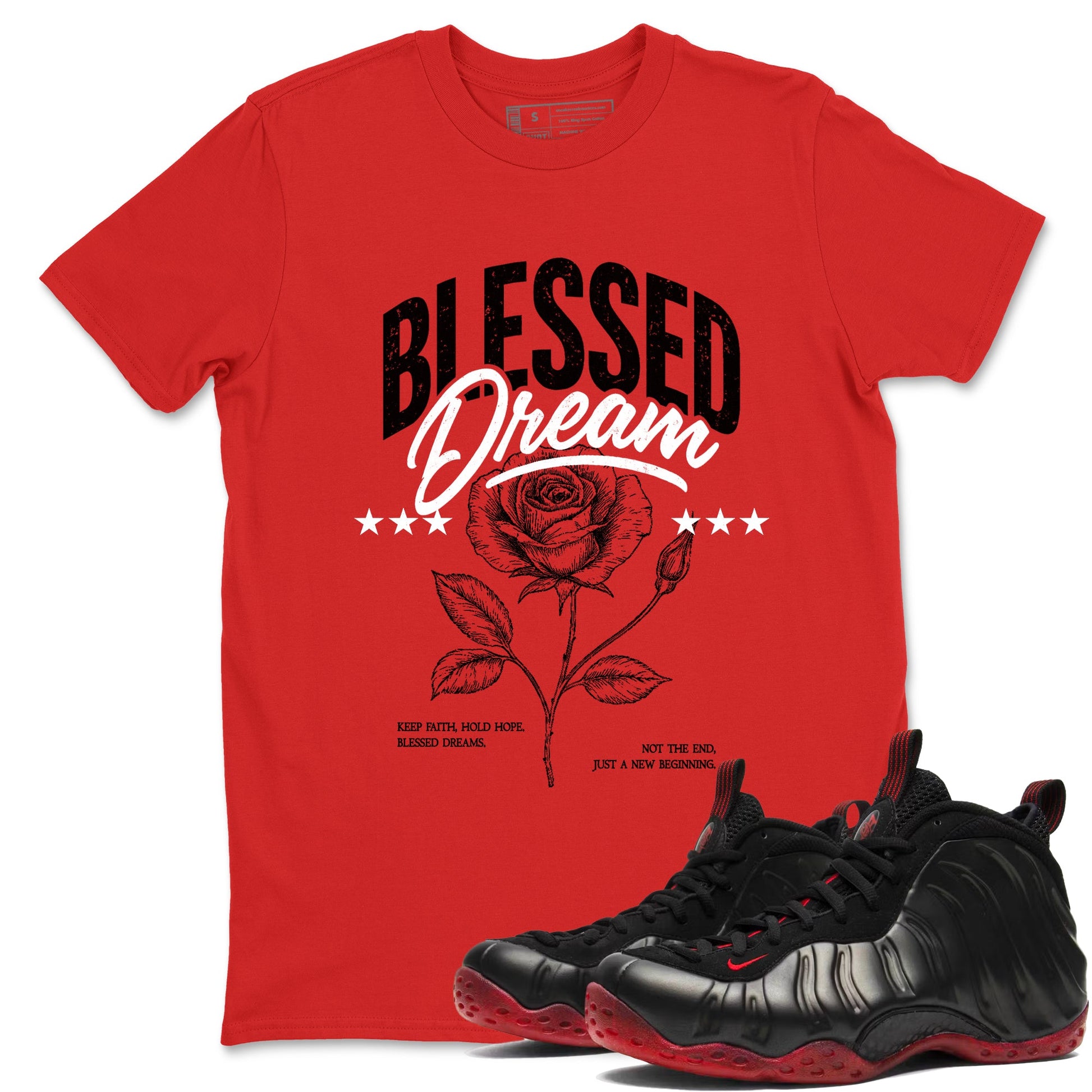 Sneaker match tees – Sneaker Threads To Match Air Foamposite Cough Drop Shoes, Air Foamposite One Black and Varsity Red – Blessed Dream Tee Red 1