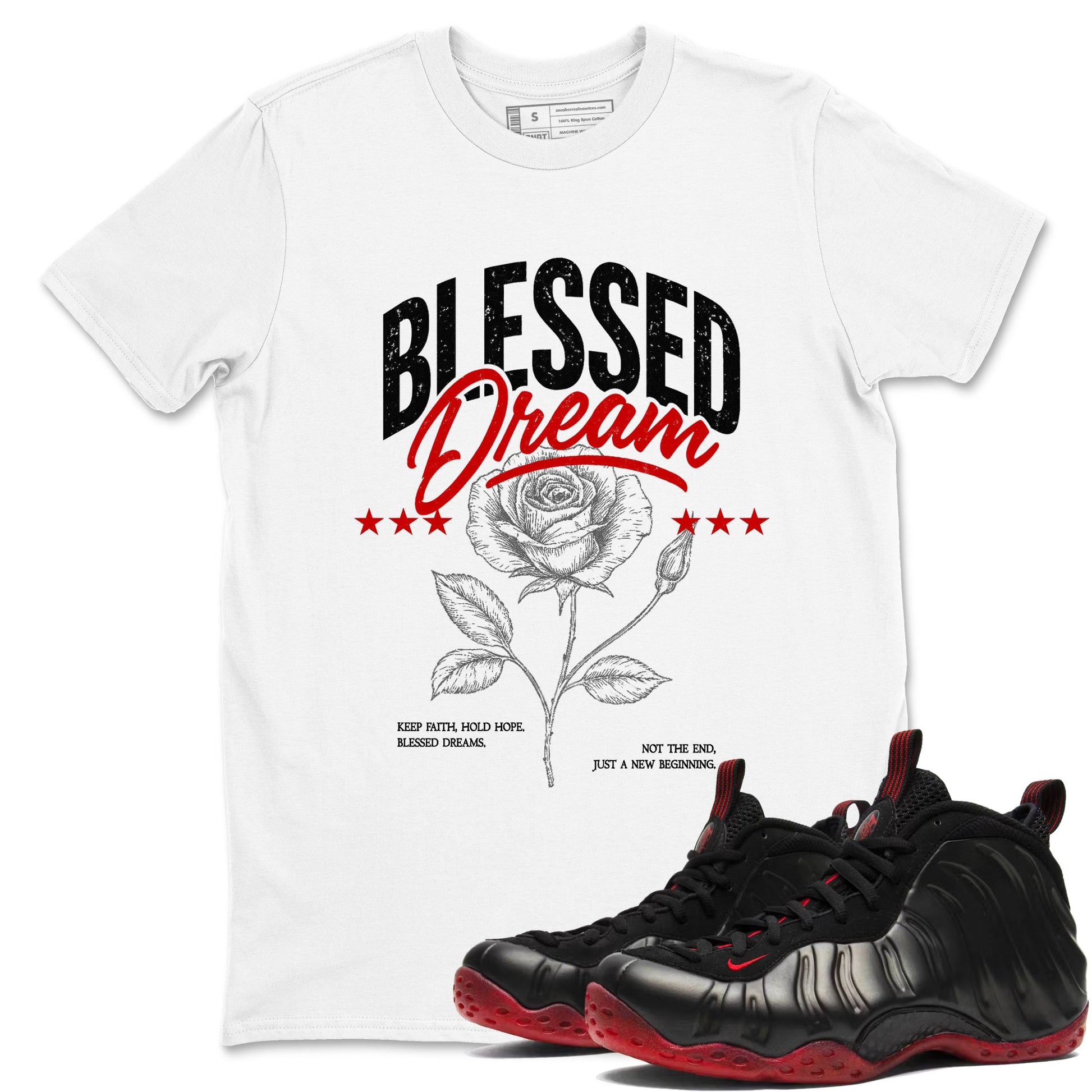 Sneaker match tees – Sneaker Threads To Match Air Foamposite Cough Drop Shoes, Air Foamposite One Black and Varsity Red – Blessed Dream Tee White 1