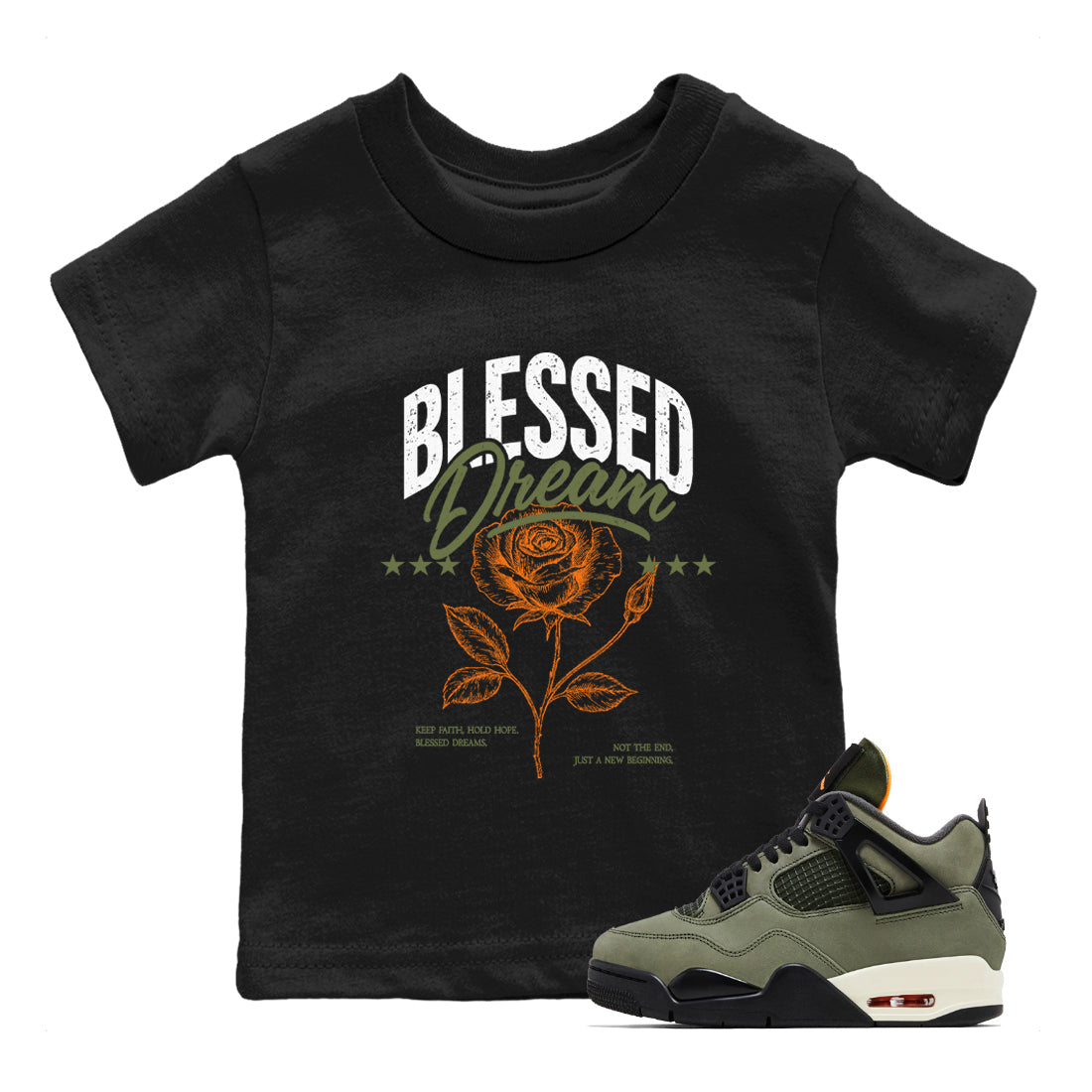 Sneaker match tees – Sneaker Threads To Match Air Jordan 4 OG Olive Shoes, Air Jordan 4 OG Olive – Blessed Dream Kids T-Shirt Black 1