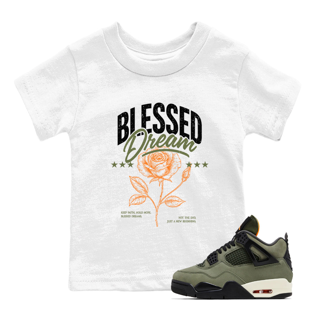 Sneaker match tees – Sneaker Threads To Match Air Jordan 4 OG Olive Shoes, Air Jordan 4 OG Olive – Blessed Dream Kids T-Shirt White 1