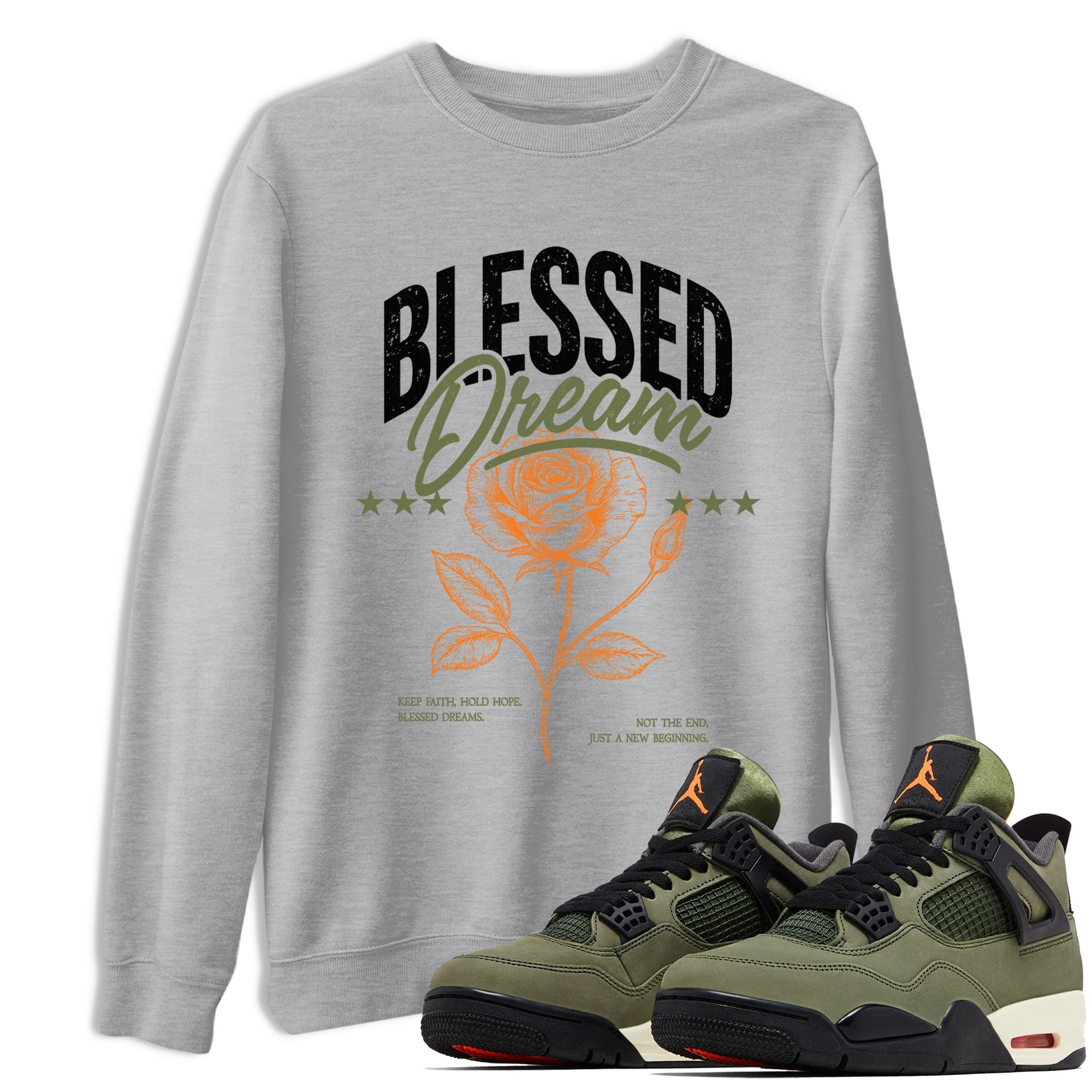 Sneaker match tees – Sneaker Threads To Match Air Jordan 4 OG Olive Shoes, Air Jordan 4 OG Olive – Blessed Dream Tee Heather Grey 1