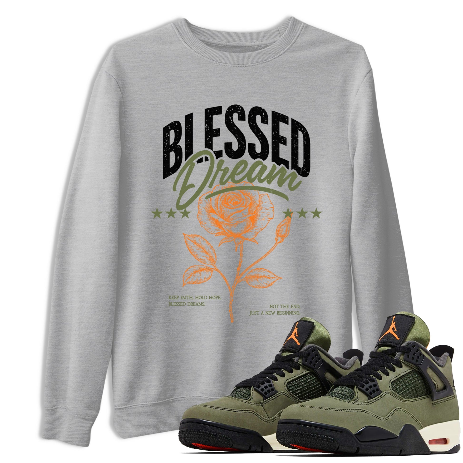Sneaker match tees – Sneaker Threads To Match Air Jordan 4 OG Olive Shoes, Air Jordan 4 OG Olive – Blessed Dream Tee Heather Grey 1